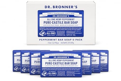 Dr Bronner's Pure Castille Peppermint Bar Soap, 5 Ounce (Pack of 6)