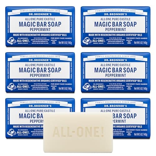 Dr. Bronner's Pure-Castile Magic Soap Bars (Peppermint, 5 oz, 6-Pack) - Made with Regenerative Organic Certified Oils - For Face, Body & Hair - Gentle, Vegan - Bar Soaps for Men & Women