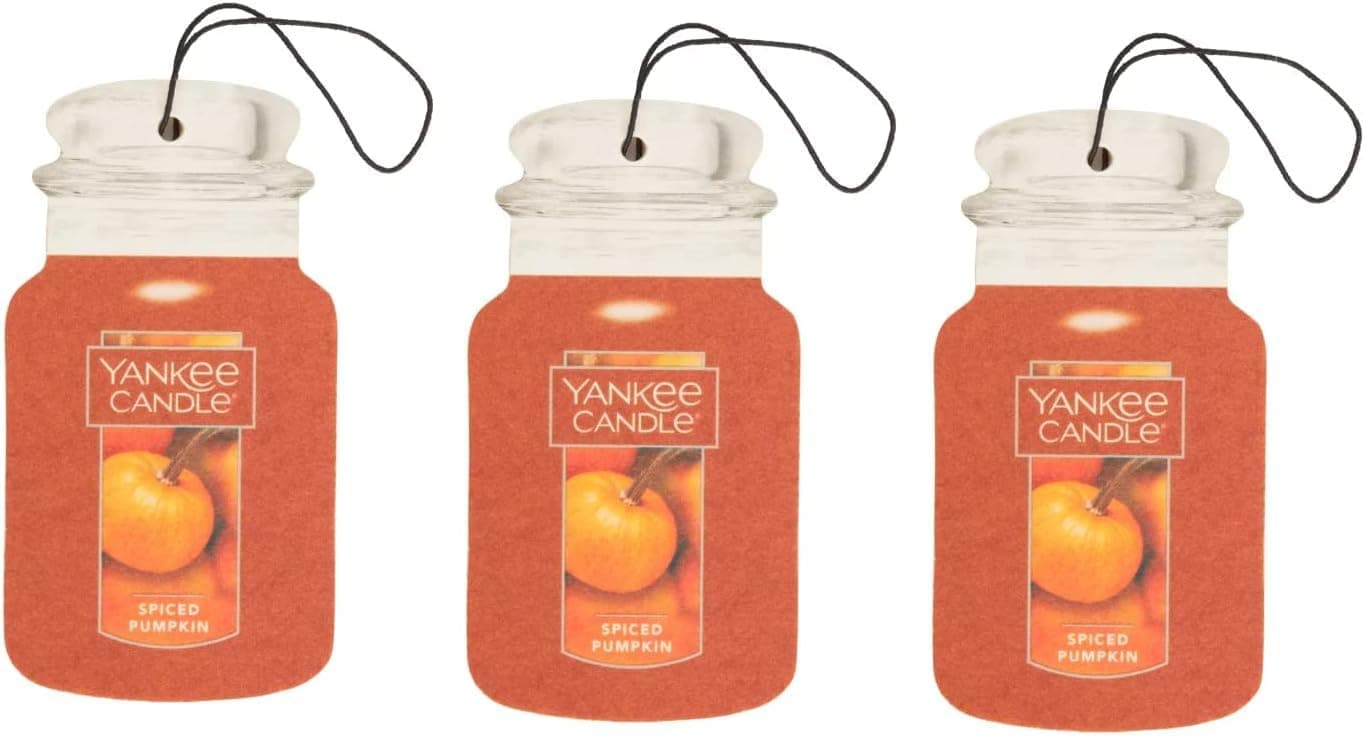 Yankee Candle Classic Paper Car Jar Air Freshener, Hanging Car Freshener, Long Lasting Odor Neutralizing Car Fragrance, Spiced Pumpkin (Pack of 3)