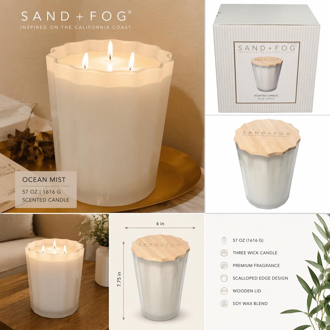 Sand + Fog 57 oz. Scalloped Candle with Rubber Wood Lid -Ocean Mist thumbnail 2