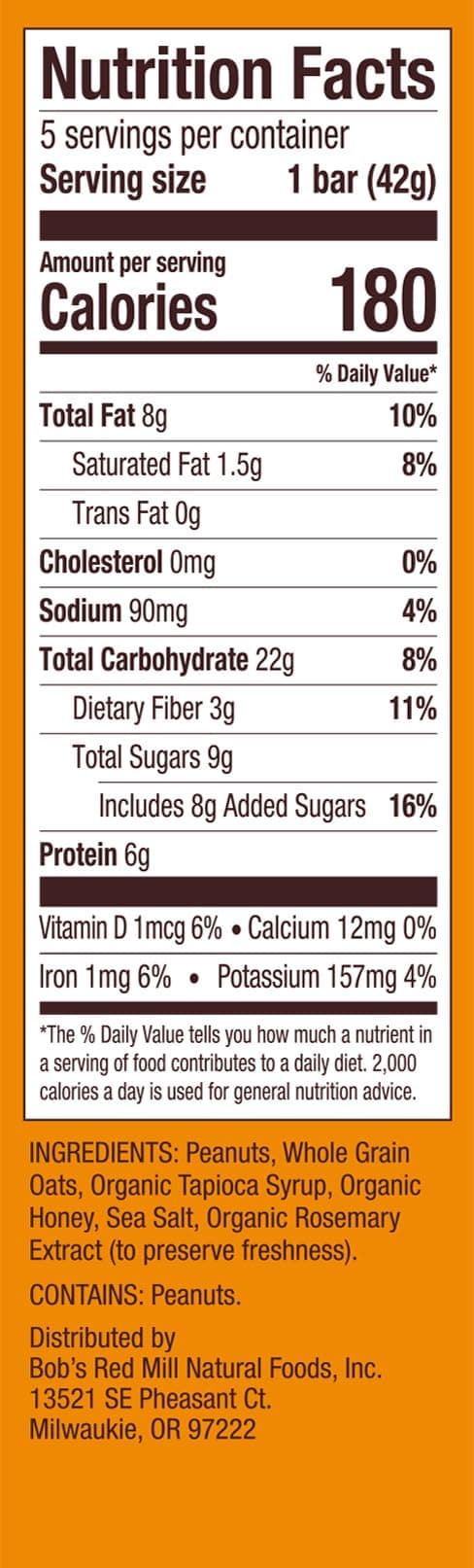Bob's Red Mill Peanut Butter Honey & Oats Snack Bar - 5 Bars (Pack of 1) - Gluten Free, Non-GMO, Whole Grain thumbnail 3