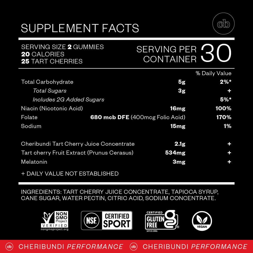 Cheribundi Tart Cherry Gummies Sleep | Performance for Maximum Recovery with 25 Tart Cherries | Powerful Antioxidant Support, Non-GMO, Gluten-Free, Vegan | 20 Calories per Serving | 60 Count thumbnail 6