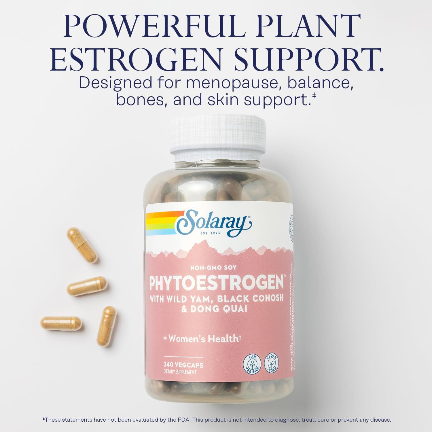 SOLARAY PhytoEstrogen Menopause Supplements with Wild Yam, Black Cohosh and Dong Quai - Phyto Estrogen Pills for Perimenopause and Menopause Support, Vegan, 60-Day Guarantee, 60 Servings, 240 VegCaps thumbnail 3