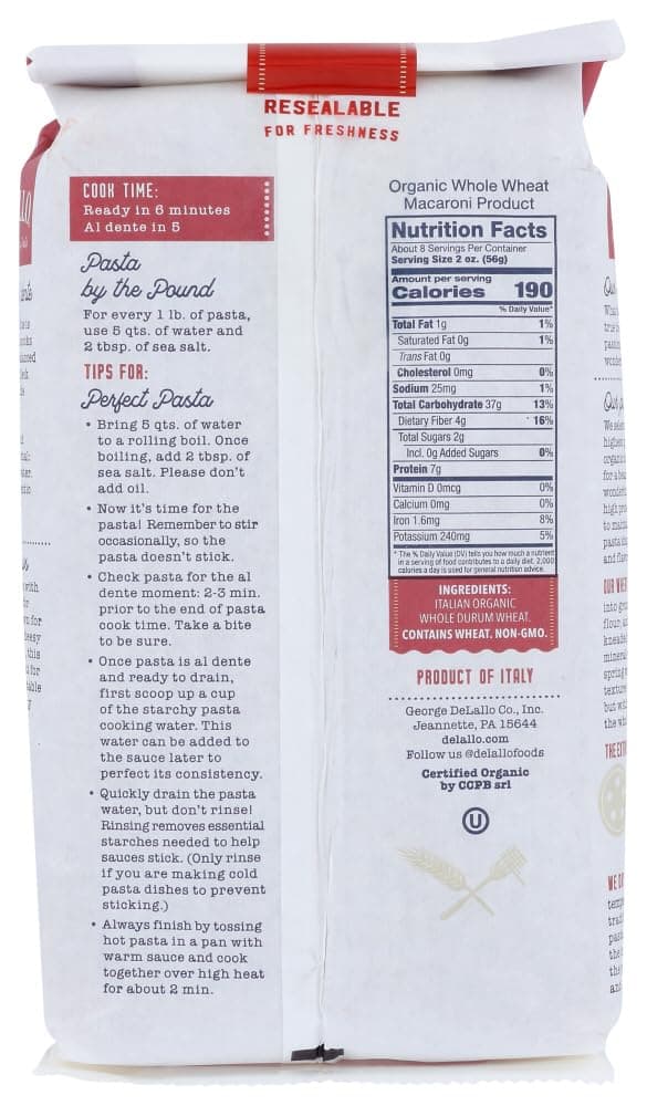DeLallo, Elbows No. 52, 100% Organic Whole Wheat Pasta, 16 oz (454 g)(Pack of 1) thumbnail 3