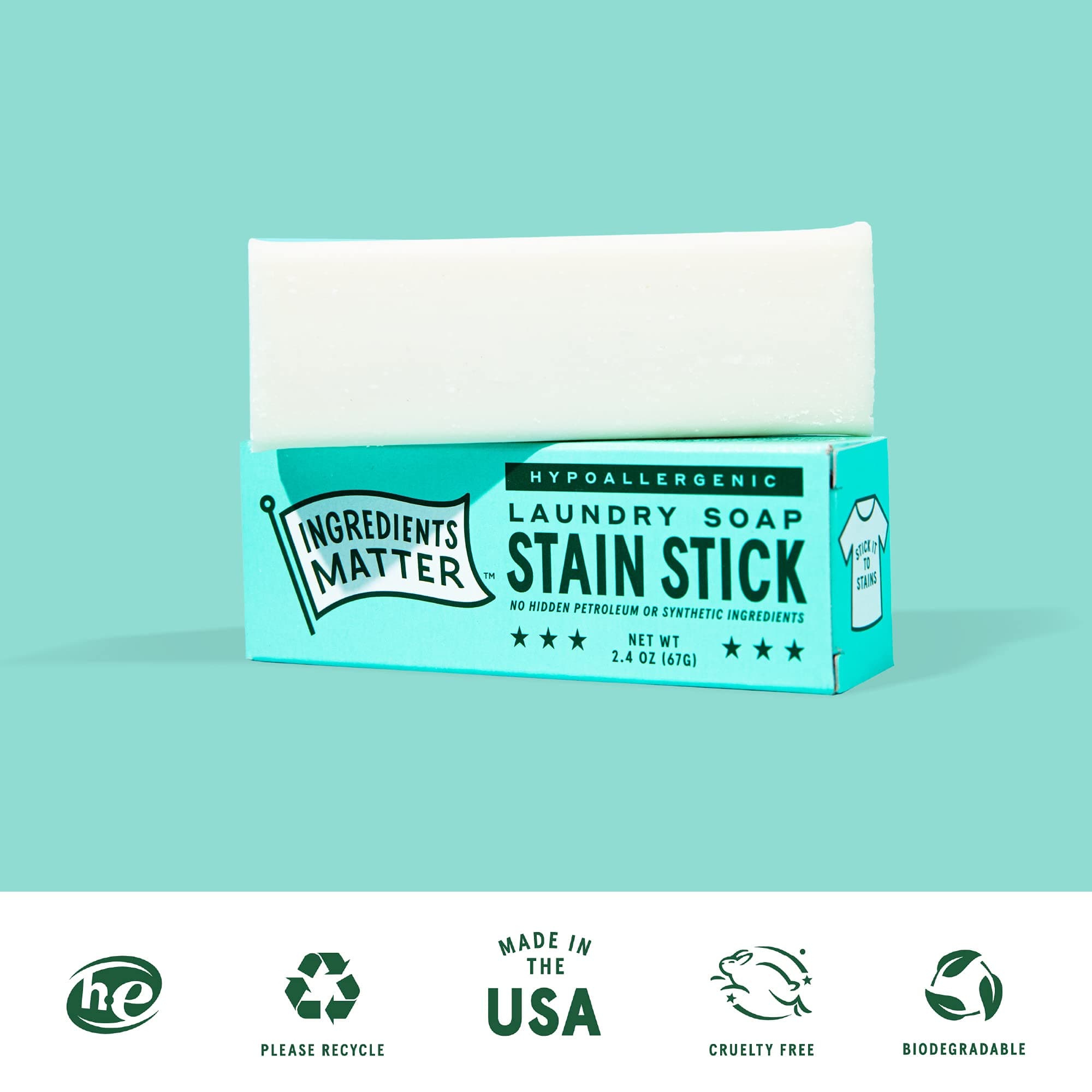 Ingredients Matter Stain Stick - Stain Remover Stick Made from Laundry Soap - HE/Hypoallergenic Stain Remover - Natural, Detergent Free, Planet-Friendly - Made in the USA - 2.4oz thumbnail 5