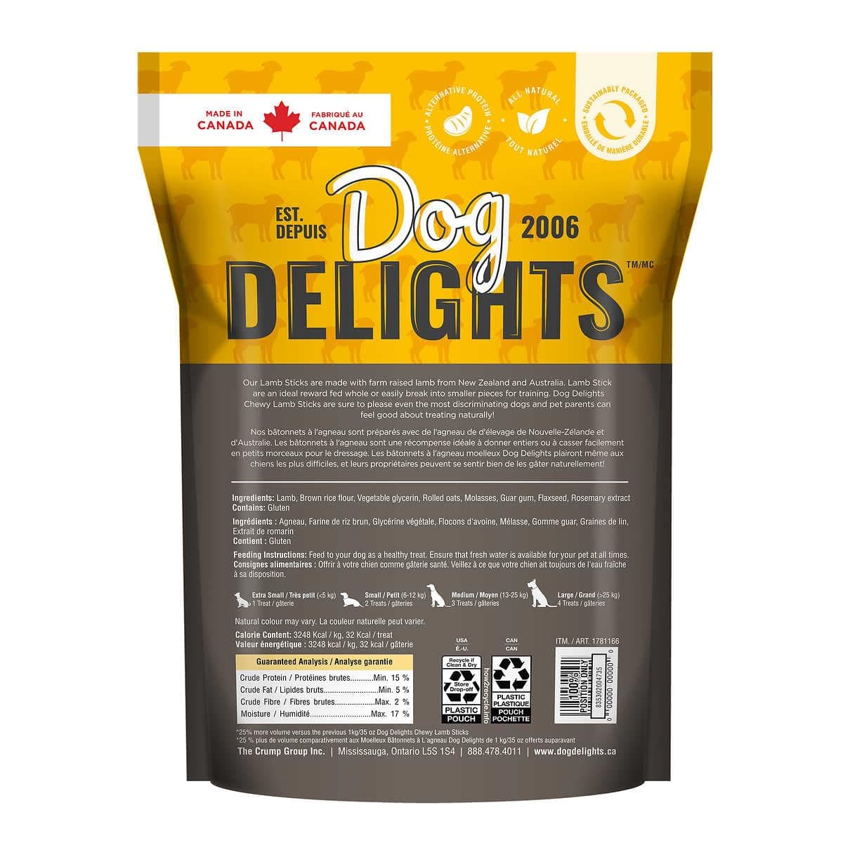 Dog Delights Chewy Lamb Sticks Dog Treats - 1.25 Kg (2.75 lb) - Wholesome and Delicious Rewards for Your Furry Friend - Made in Canada thumbnail 2