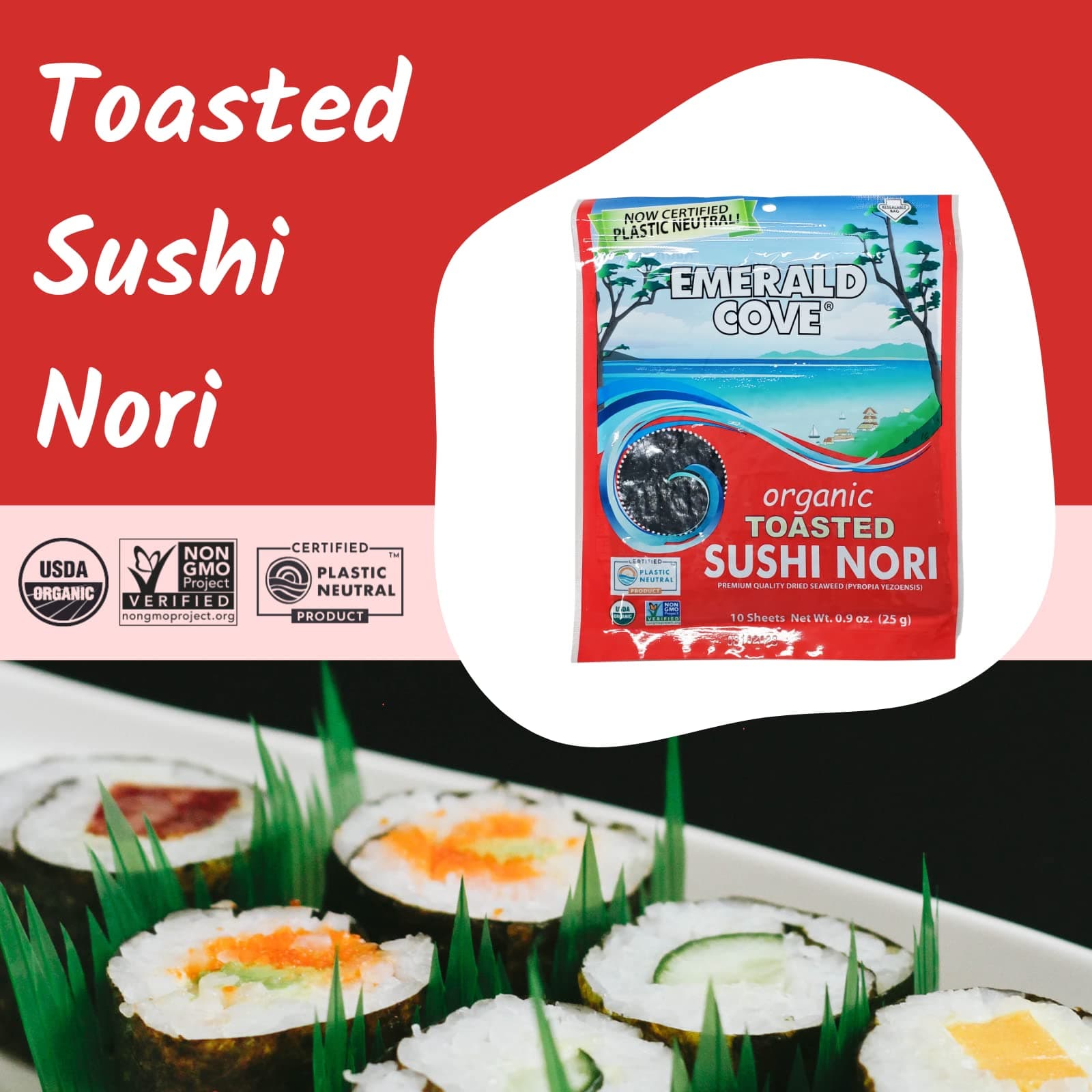 Emerald Cove Organic Toasted Nori, Dried Seaweed Sheets for Sushi, Kimbap, Onigiri, Musubi, Product of Korea, Resealable Bag, 10 Sheets (1 pack) thumbnail 7