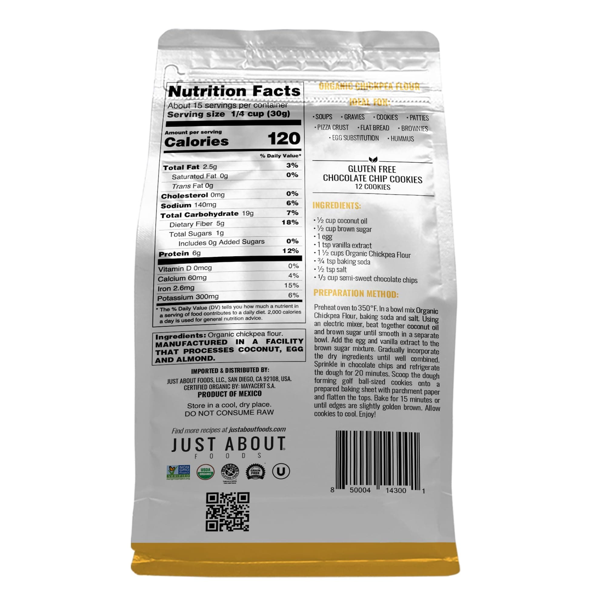 Organic Chickpea Flour 1lb (454 g) USDA Organic Gluten Free Grain free Non GMO Kosher Pack of 1 | Just About Foods thumbnail 4