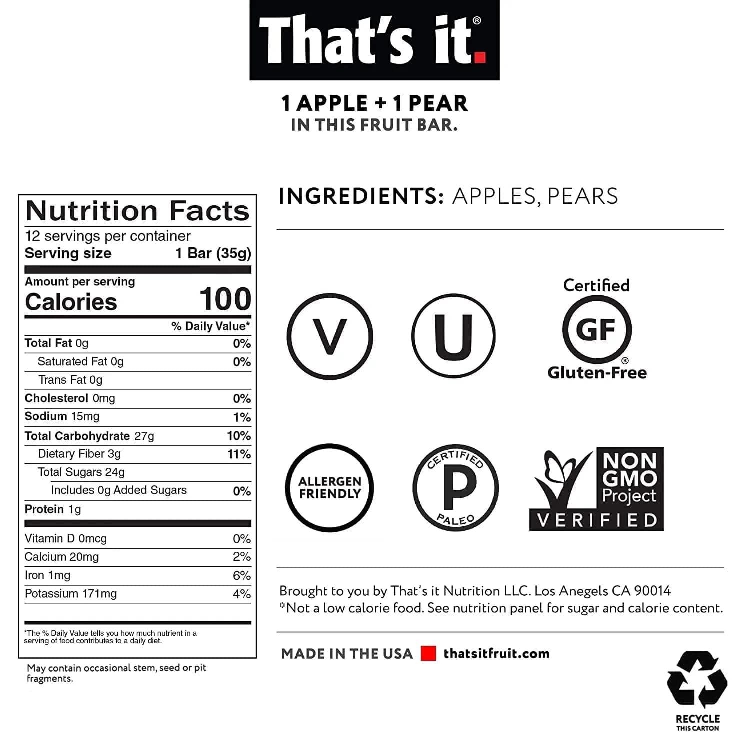 Thats It Apple and Pear Fruit Bar, 1.2 Ounce (Pack of 12) thumbnail 2