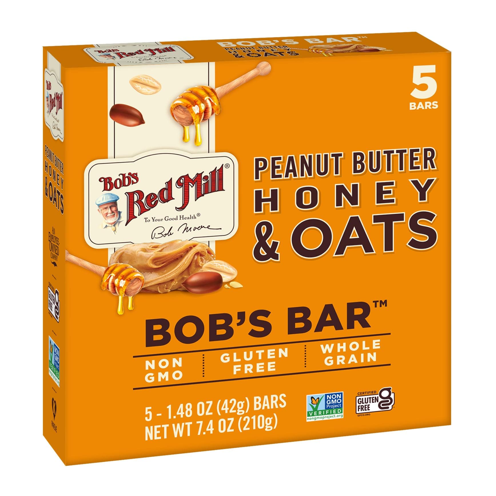 Bob's Red Mill Peanut Butter Honey & Oats Snack Bar - 5 Bars (Pack of 1) - Gluten Free, Non-GMO, Whole Grain