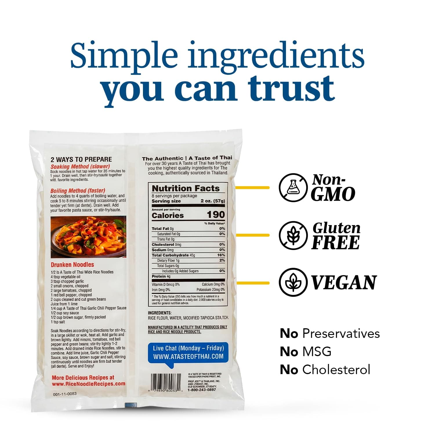 A Taste of Thai Fettuccine Rice Noodles (Straight Cut)| Restaurant-Quality Thai Flavor in Minutes | Vegan, Gluten-Free,Wheat Free, Non-GMO| Perfect for Stir-Fries, Soup & Asian Dishes 16 oz, Pack of 1 thumbnail 2