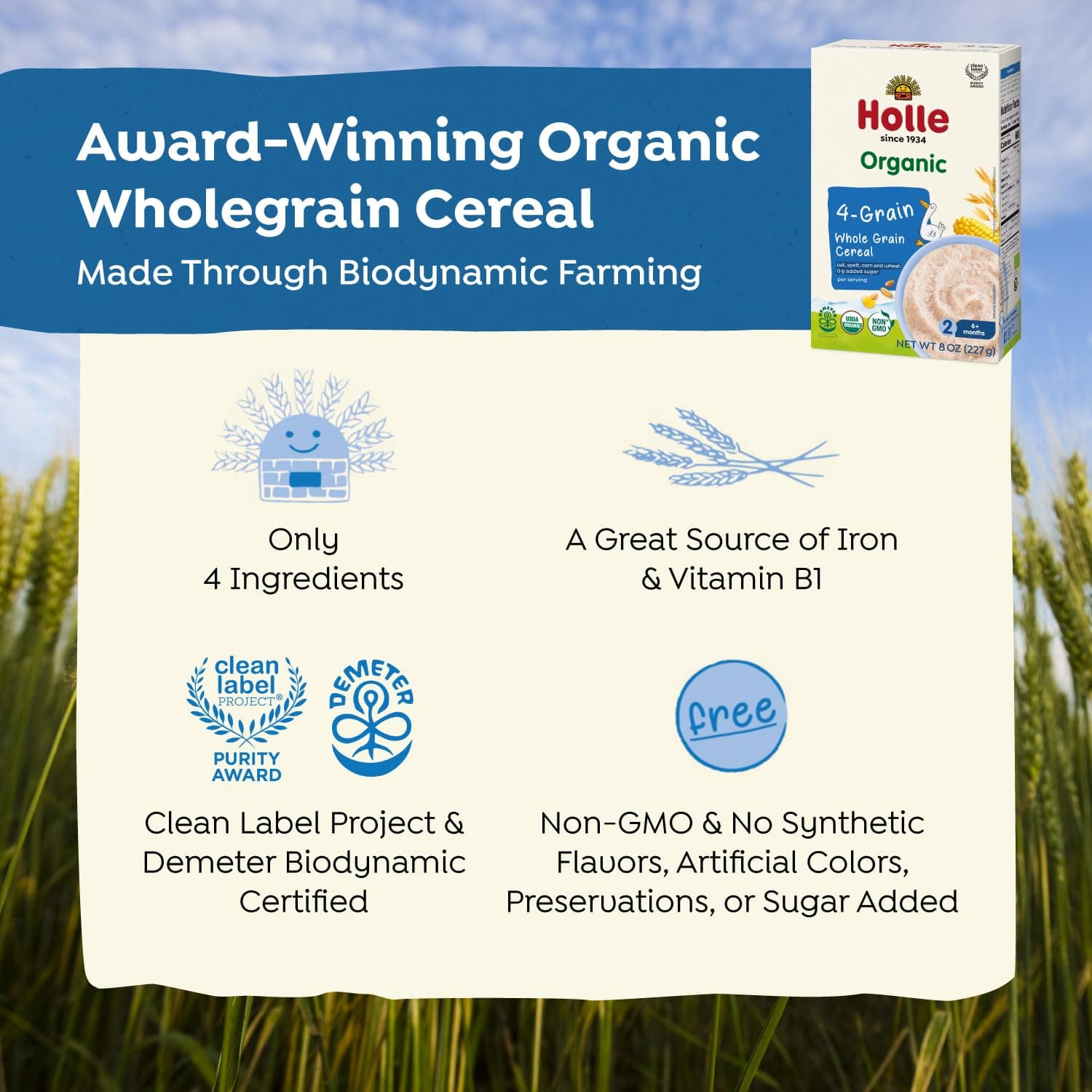 Holle Organic Whole Grain 4-Grain Baby Cereal, 6 Pack, 8 oz Boxes, 6+ Months, Demeter Biodynamic, USDA Organic, Non-GMO, No Added Sugar, Baby Porridge with Oat, Spelt, Corn & Wheat thumbnail 3