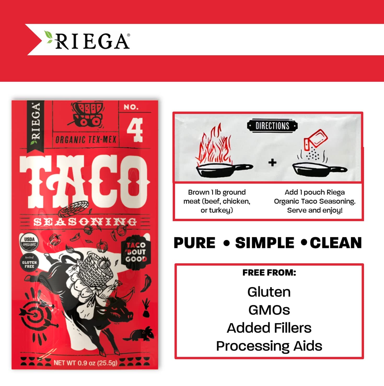 Riega Organic Taco Seasoning, Perfect Tex Mex Spice Mix for Taco Tuesday and Chili 0.9 Ounce (Pack of 8) thumbnail 4