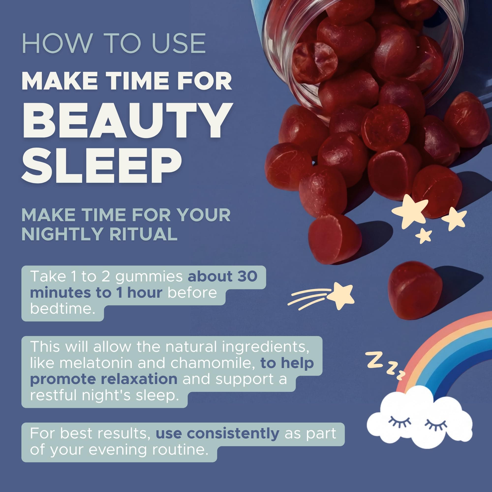 MAKE TIME Beauty Sleep Gummies – 5mg of Melatonin & Biotin Supplement for Restful Sleep, Relaxation & Healthy Hair, Skin & Nails – Sugar-Free Formula with L-Theanine and Magnesium (60 Gummies) thumbnail 4