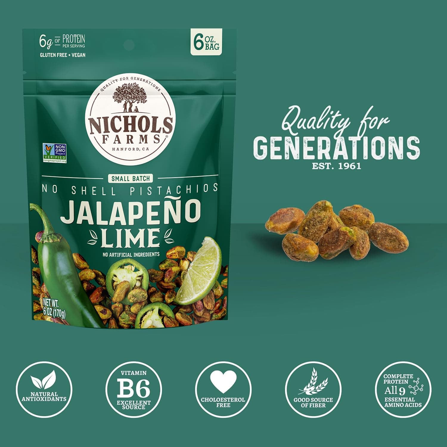 Nichols Farms Pistachios - Fresh Roasted No Shell Pistachio - Nutrient Rich Nuts Snack Packs - Non-GMO, California Grown - Healthy, Wonderful Tasting, Party Snack - (Jalapeño Lime) thumbnail 4