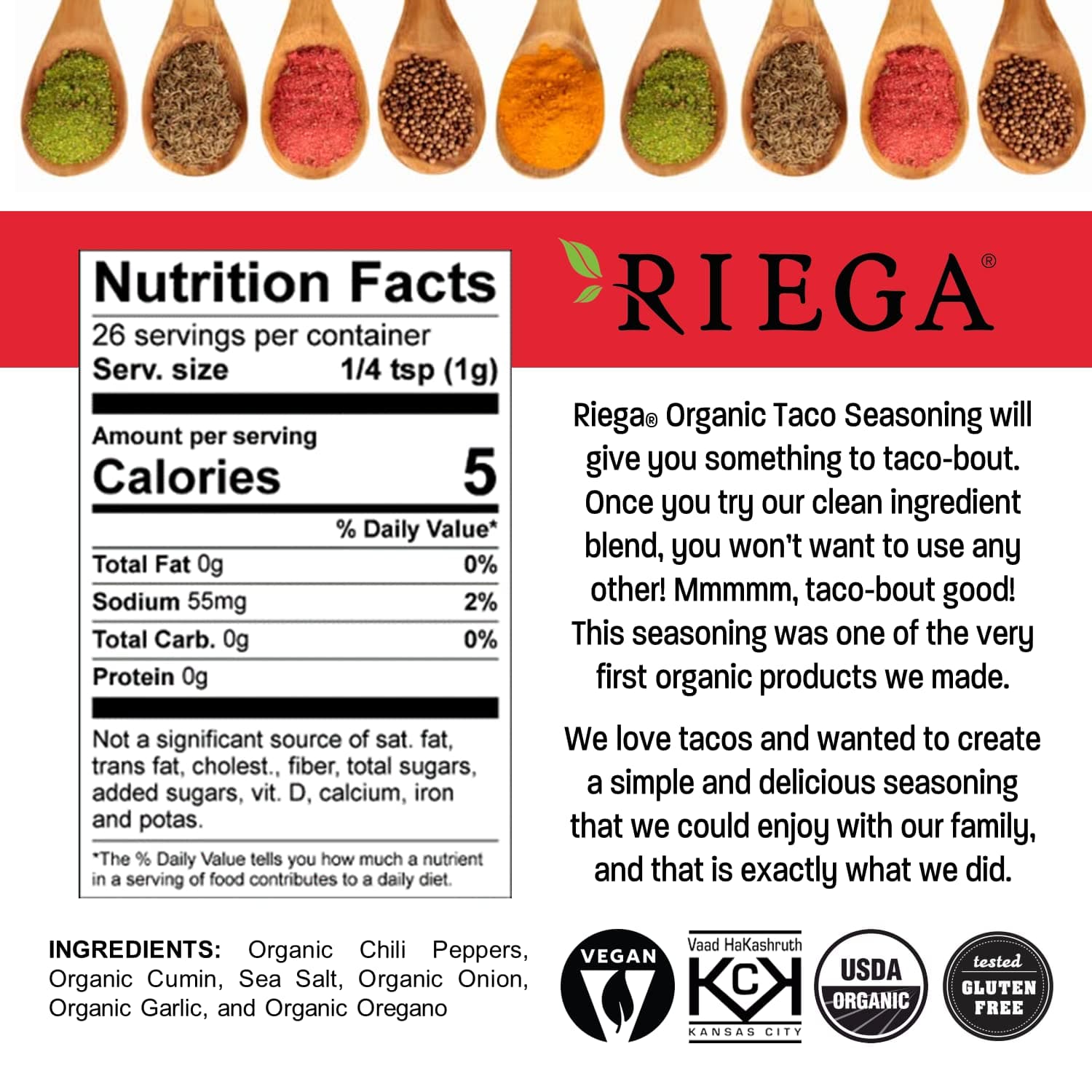Riega Organic Taco Seasoning, Perfect Tex Mex Spice Mix for Taco Tuesday and Chili 0.9 Ounce (Pack of 8) thumbnail 3