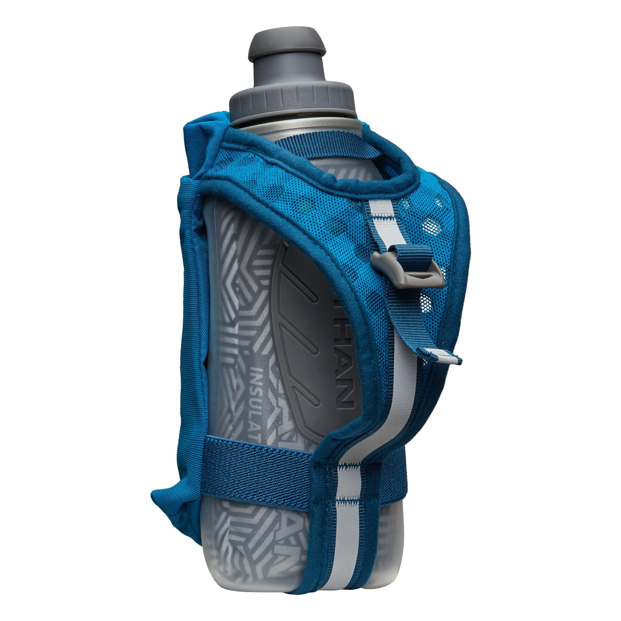 Nathan SpeedDraw 2 Insulated Handheld Running Water Bottle Flask – Double-Wall Insulation, Ergonomic Grip, Blast Valve Cap, Phone & Key Storage Pockets, Reflective Design, 12oz Insulated - Deep Blue thumbnail 2