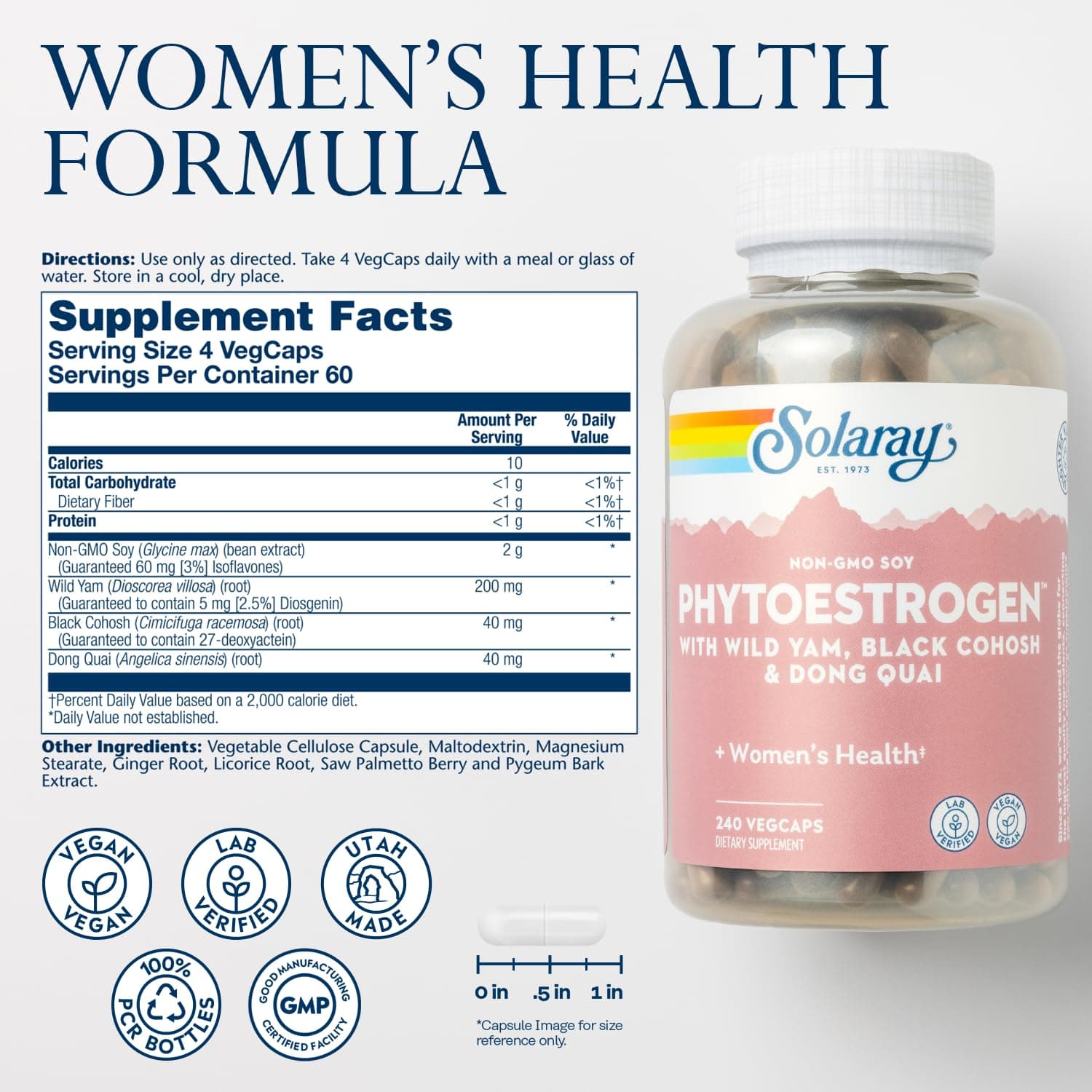 SOLARAY PhytoEstrogen Menopause Supplements with Wild Yam, Black Cohosh and Dong Quai - Phyto Estrogen Pills for Perimenopause and Menopause Support, Vegan, 60-Day Guarantee, 60 Servings, 240 VegCaps thumbnail 2