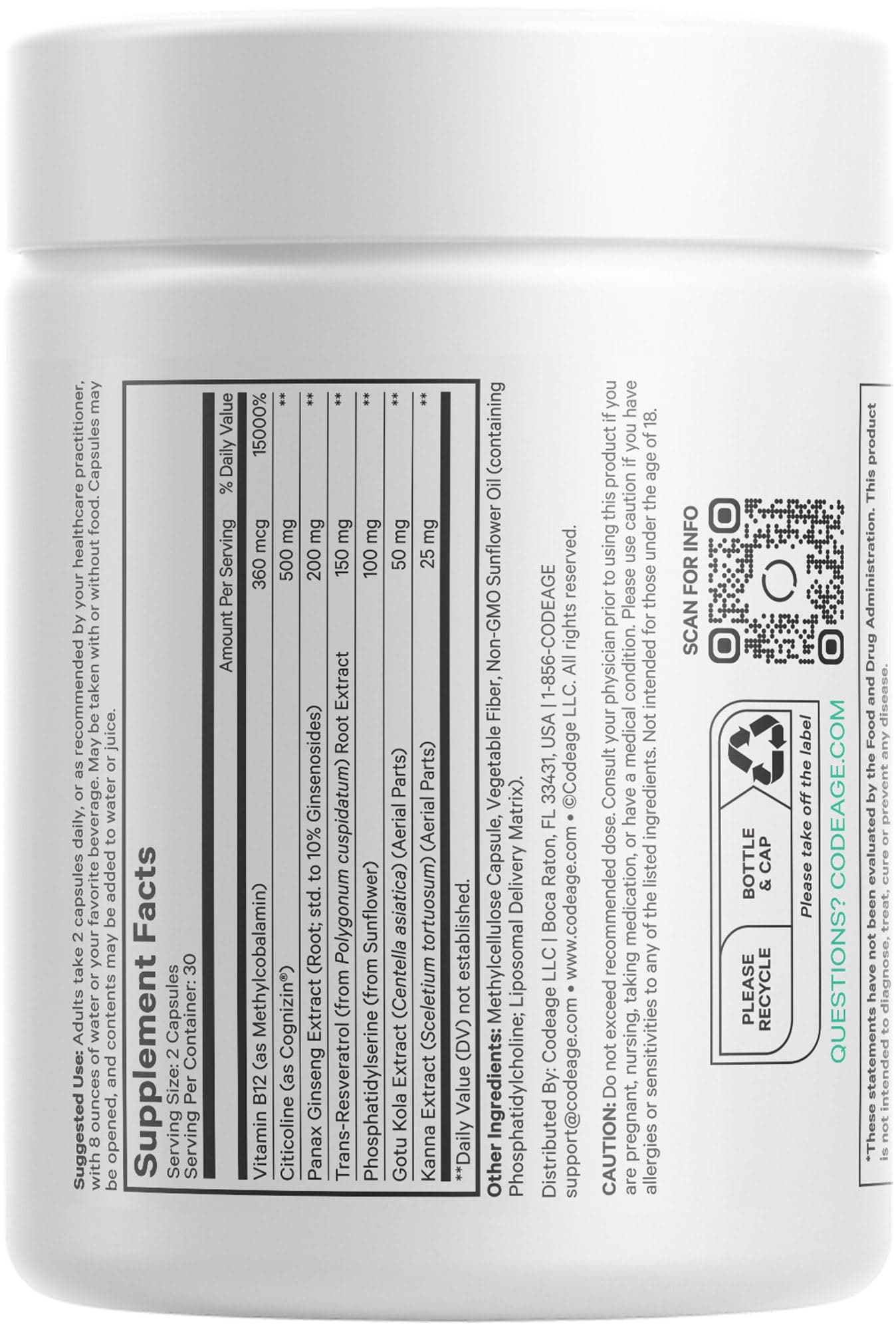Codeage Brain Focus Vitamins+ Nootropic Supplement with Citicoline as Cognizin, Panax Ginseng, Resveratrol, Gotu Kola, Vitamin B12 Methylcobalamin - Liposomal Delivery - Non-GMO - 60 Capsules thumbnail 9