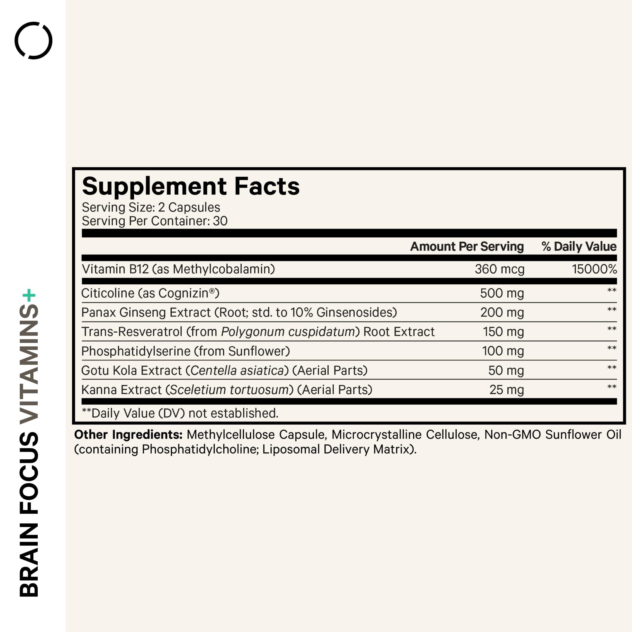 Codeage Brain Focus Vitamins+ Nootropic Supplement with Citicoline as Cognizin, Panax Ginseng, Resveratrol, Gotu Kola, Vitamin B12 Methylcobalamin - Liposomal Delivery - Non-GMO - 60 Capsules thumbnail 2