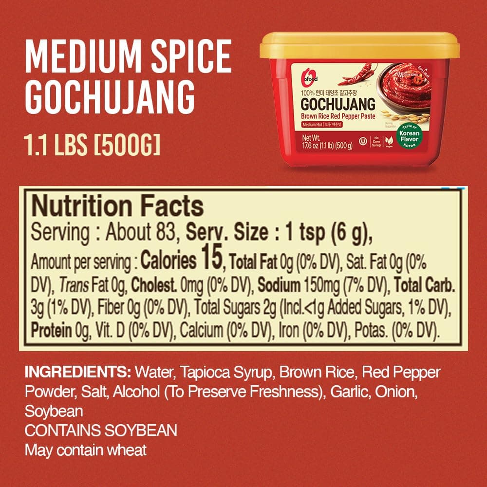 Gochujang – Premium Korean Red Chili Paste [ Medium | 1.1 lb (500g) ] – 0 Fat/ 0 Cholesterol / (40 Calories/Serving) | Spicy & Sweet Savory Fermented Sauce | Great for Bibimbap, Marinades, Stews & BBQ - O’food thumbnail 2