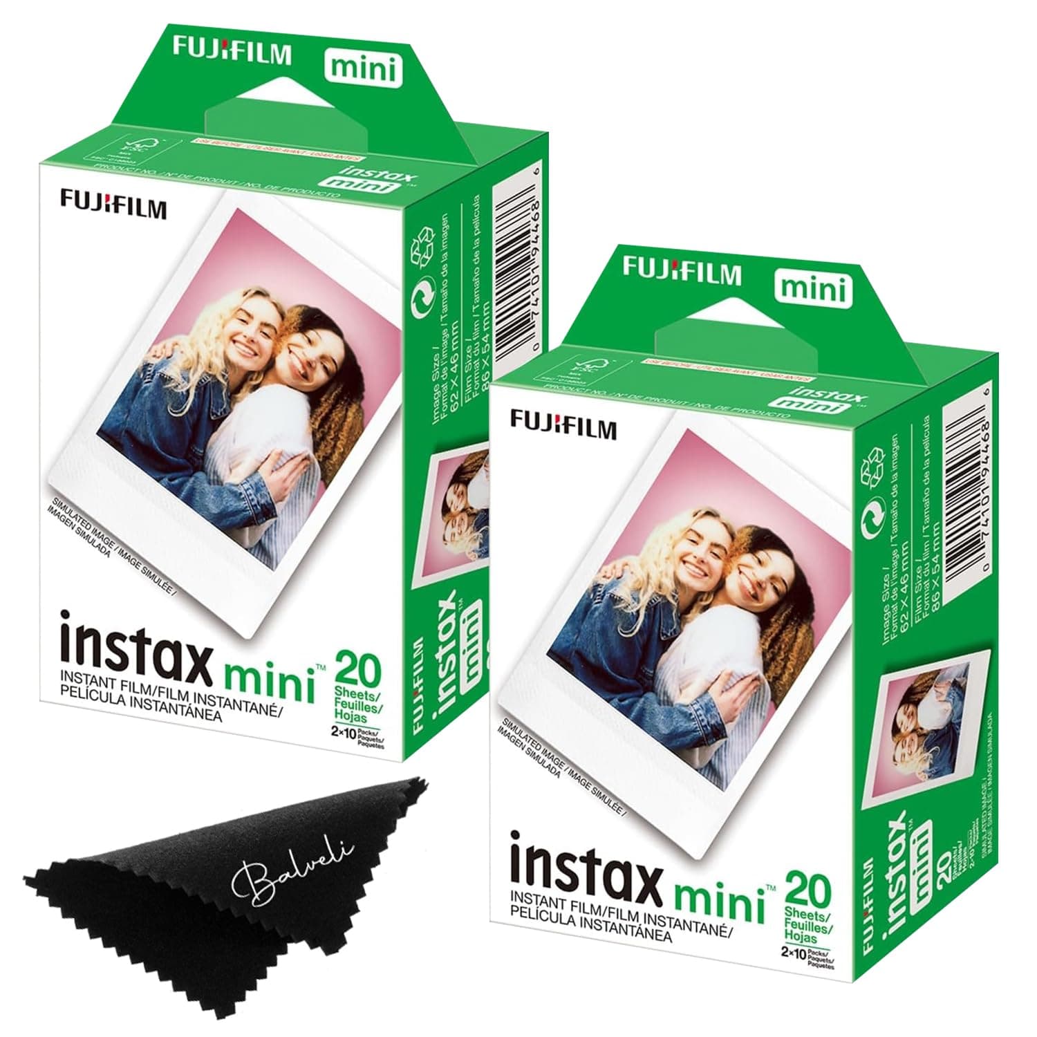 Fujifilm Instax Mini Film Two Instant Film Twin Packs - 40 EXP Total, ISO 800, Compatible to Mini Evo, Mini 40, 12, 11, 9, Bundeld with Premium Balveli Microfiber Cloth