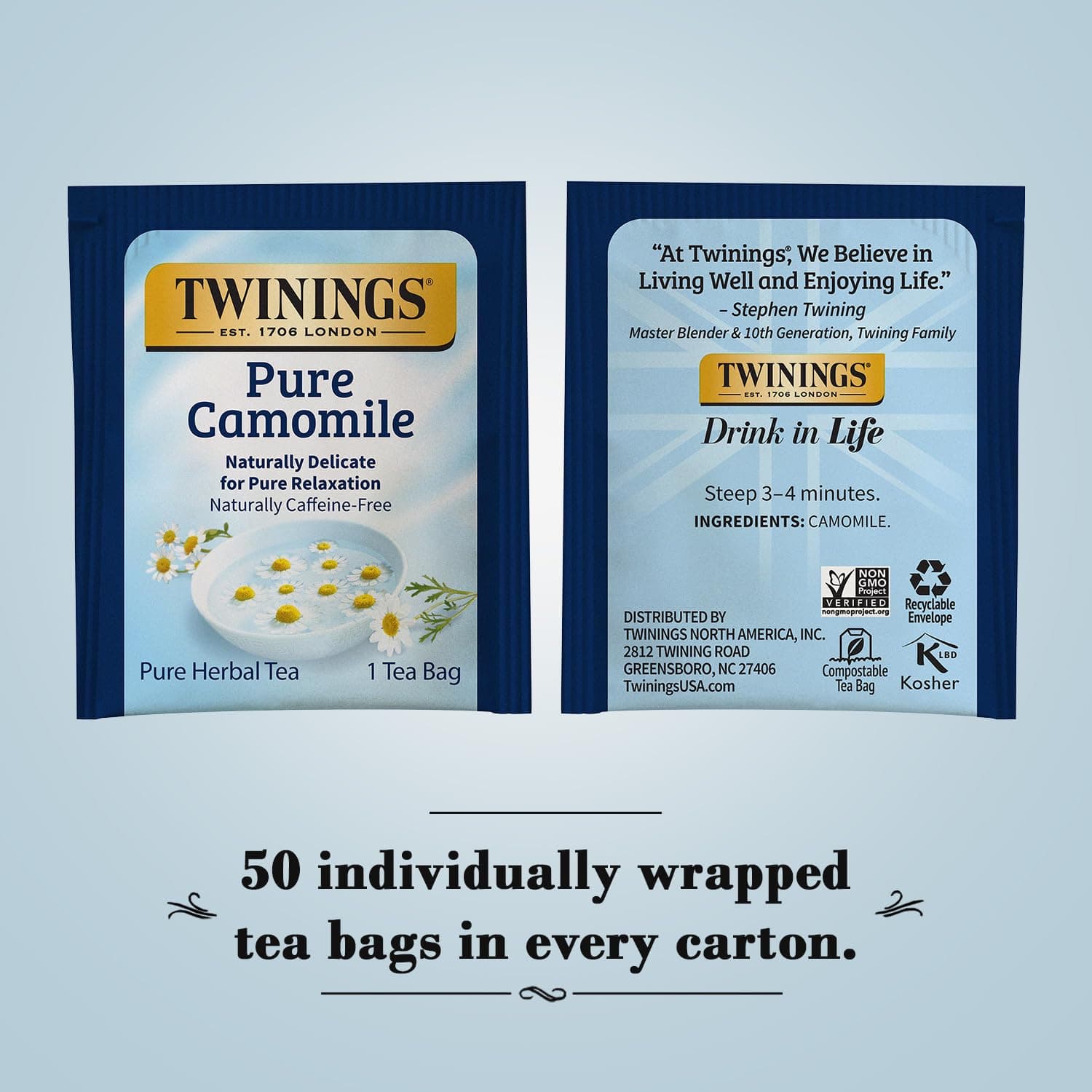 Twinings Pure Camomile Herbal Tea - Naturally Caffeine-Free Camomile Tea Bags Individually Wrapped, 50 Count Ea thumbnail 2