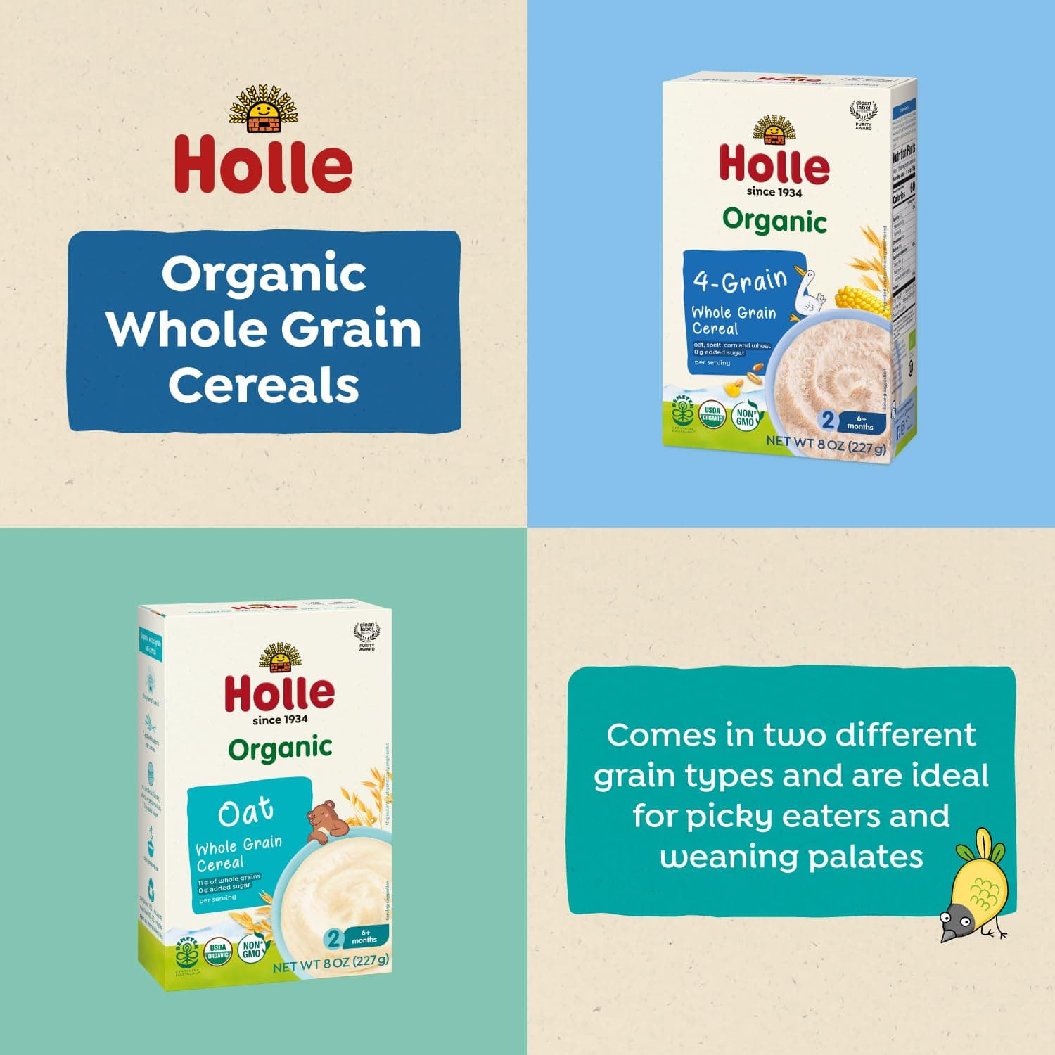 Holle Organic Whole Grain 4-Grain Baby Cereal, 6 Pack, 8 oz Boxes, 6+ Months, Demeter Biodynamic, USDA Organic, Non-GMO, No Added Sugar, Baby Porridge with Oat, Spelt, Corn & Wheat thumbnail 6