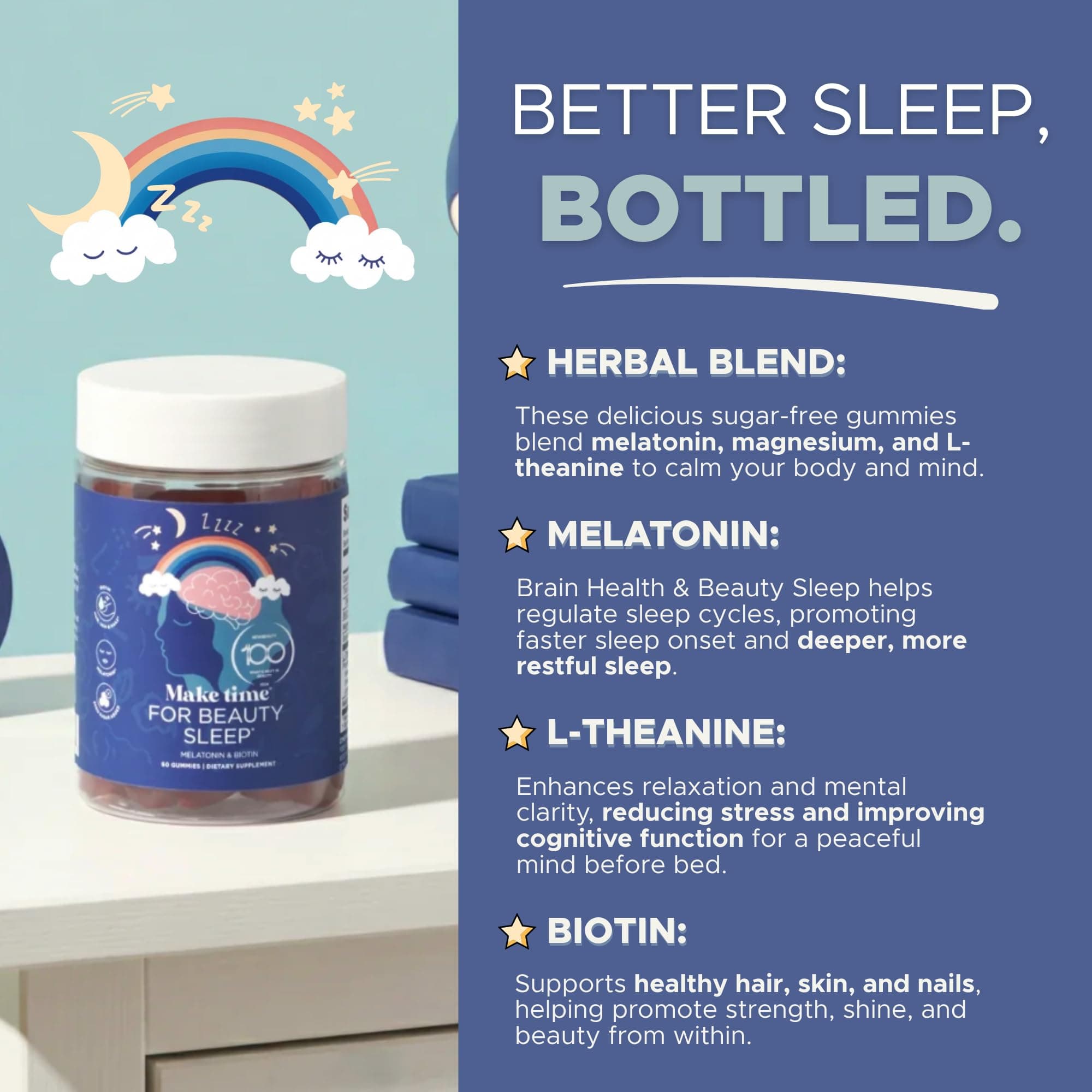 MAKE TIME Beauty Sleep Gummies – 5mg of Melatonin & Biotin Supplement for Restful Sleep, Relaxation & Healthy Hair, Skin & Nails – Sugar-Free Formula with L-Theanine and Magnesium (60 Gummies) thumbnail 3