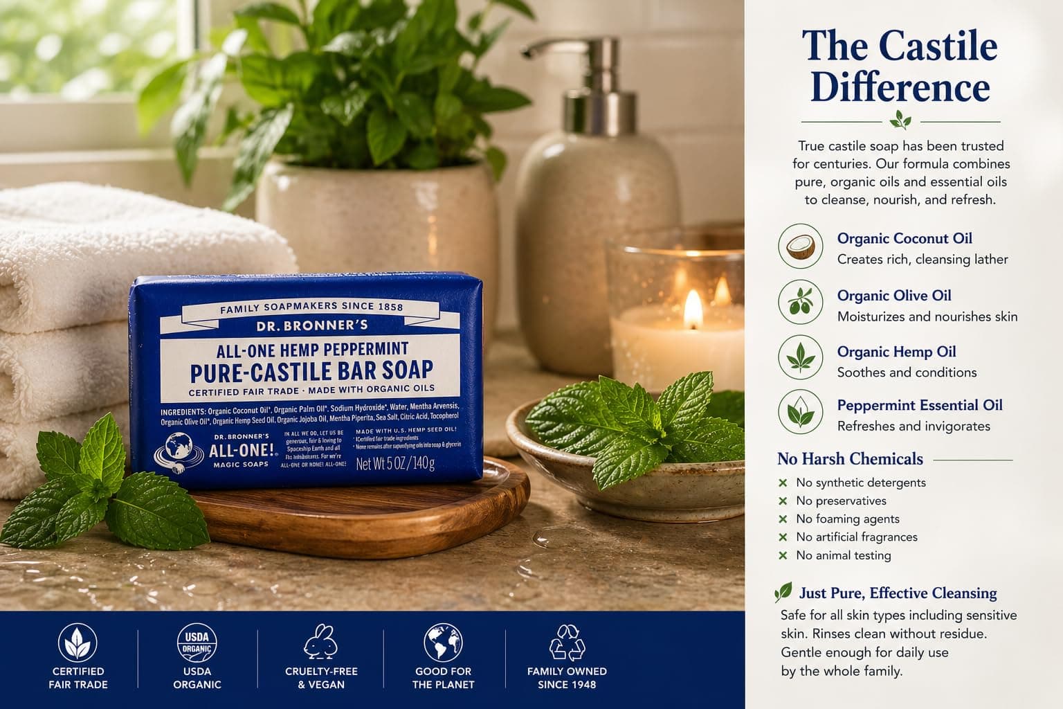 Dr Bronner's Pure Castille Peppermint Bar Soap, 5 Ounce (Pack of 6) thumbnail 6