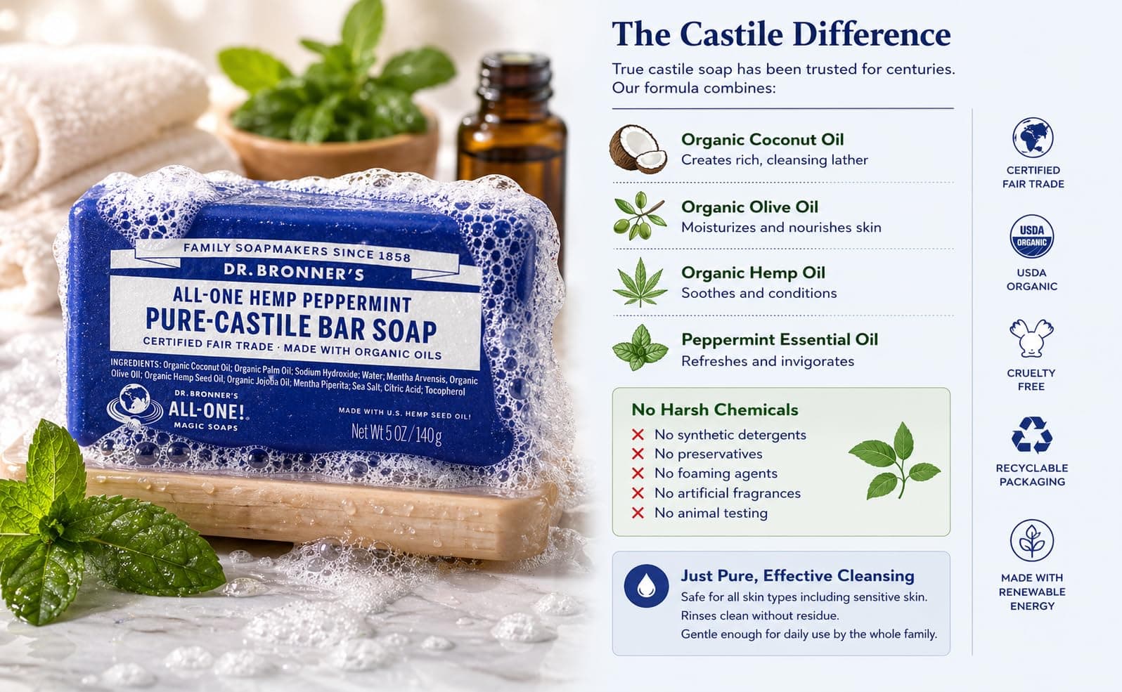 Dr Bronner's Pure Castille Peppermint Bar Soap, 5 Ounce (Pack of 6) thumbnail 2