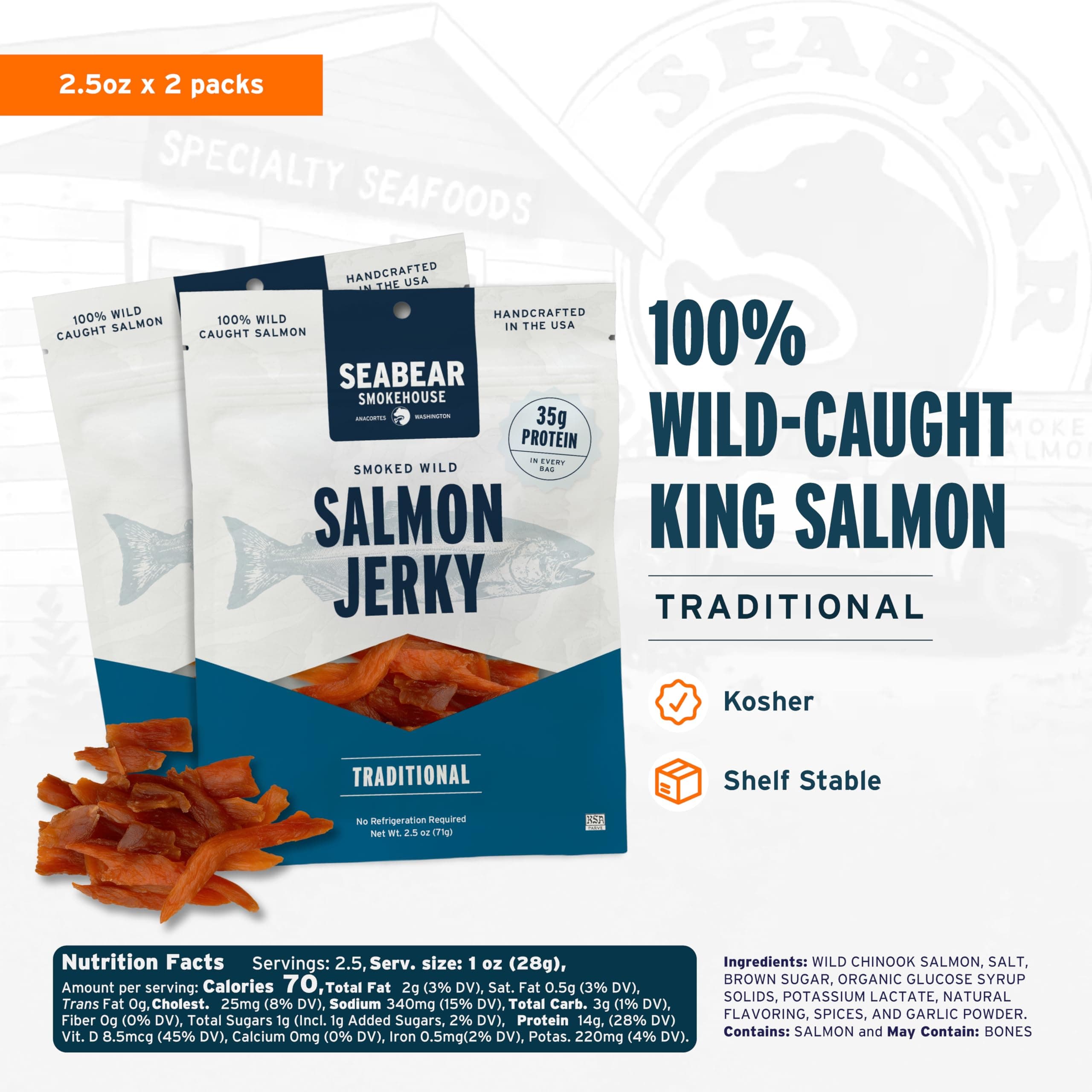 SeaBear Traditional Wild King Salmon Jerky 2-Pack Smoked Salmon Jerky, Wild-Caught Alaskan Salmon, High-Protein Snack, Cold Smoked & Ready to Eat, Classic Smokehouse Flavor, 2.5 oz Bag (Pack of 2) thumbnail 2