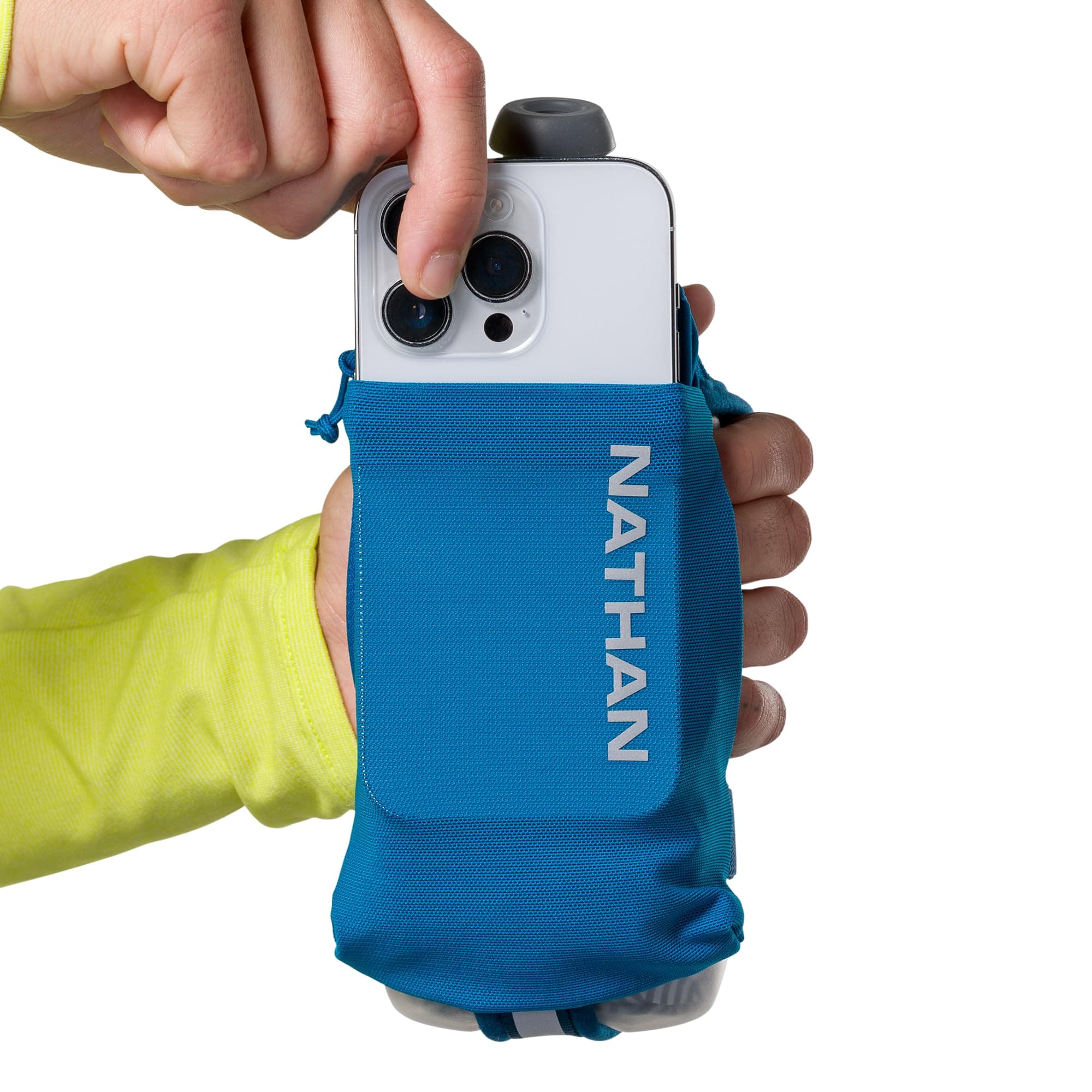 Nathan SpeedDraw 2 Insulated Handheld Running Water Bottle Flask – Double-Wall Insulation, Ergonomic Grip, Blast Valve Cap, Phone & Key Storage Pockets, Reflective Design, 12oz Insulated - Deep Blue thumbnail 8