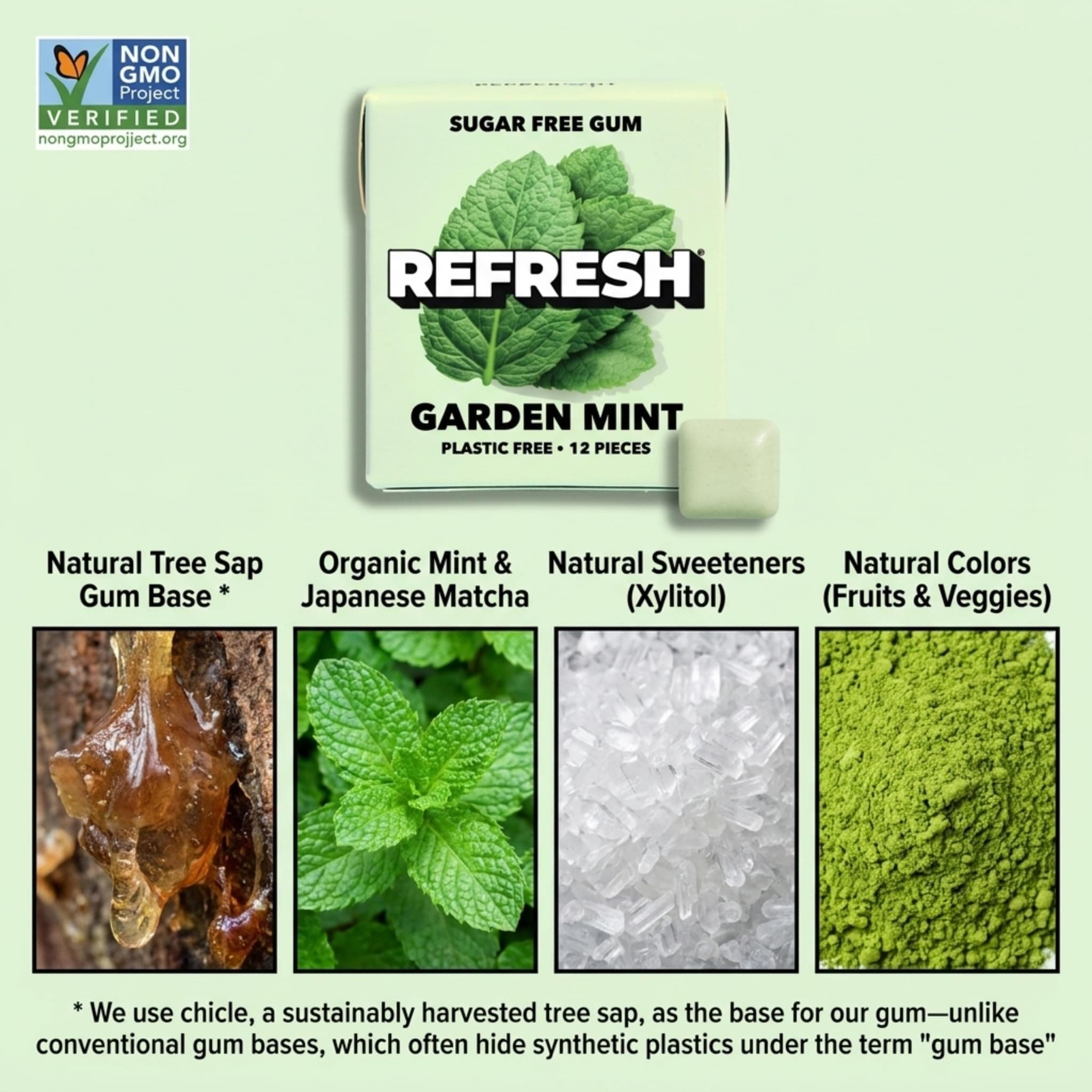 Refresh Gum, Sugar Free, Natural, Xylitol, Long Lasting Chewing Gum, Natural Flavors, Organic Ingredients, Plastic Free, Non GMO, Gluten Free, Vegan (Garden Mint) thumbnail 3