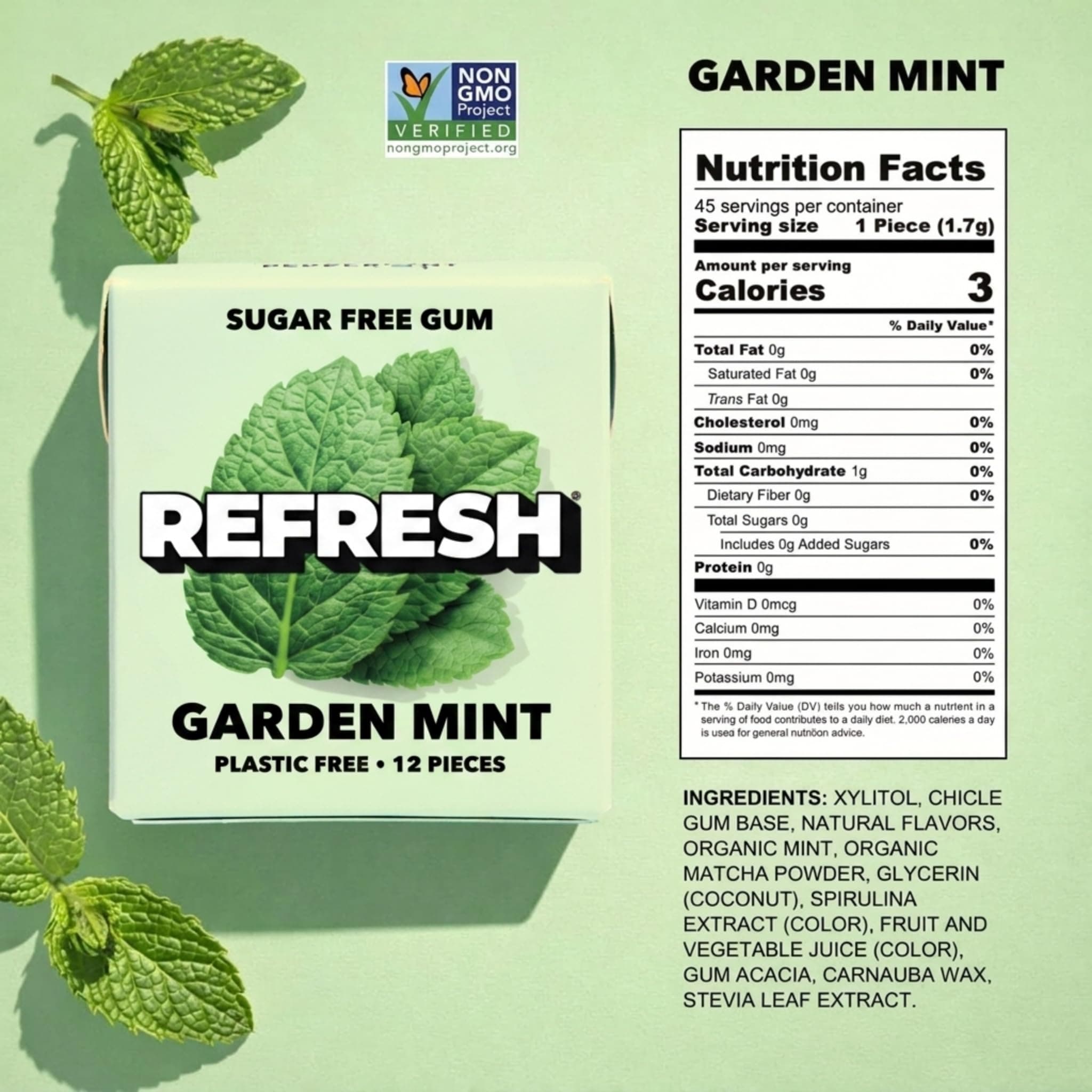 Refresh Gum, Sugar Free, Natural, Xylitol, Long Lasting Chewing Gum, Natural Flavors, Organic Ingredients, Plastic Free, Non GMO, Gluten Free, Vegan (Garden Mint) thumbnail 5
