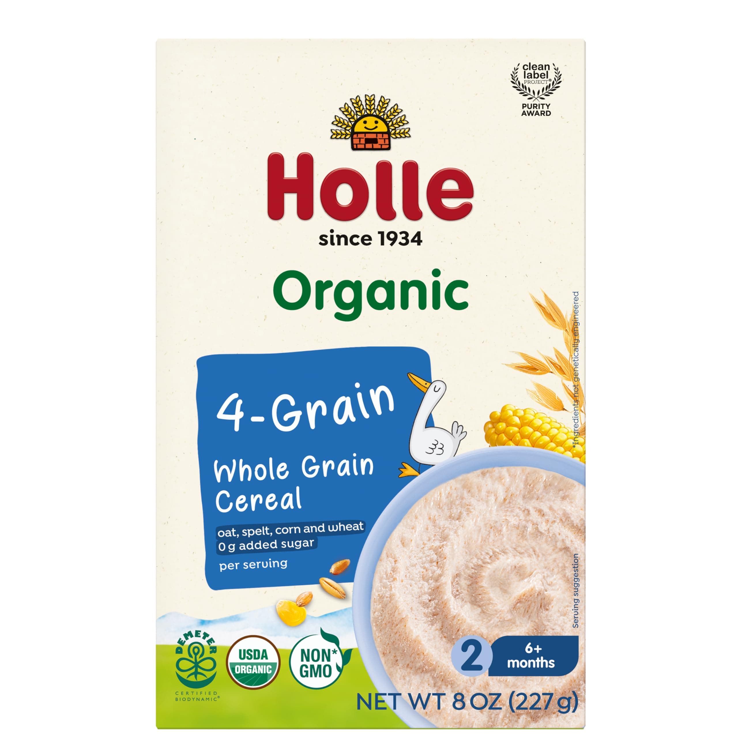 Holle Organic Whole Grain 4-Grain Baby Cereal, 6 Pack, 8 oz Boxes, 6+ Months, Demeter Biodynamic, USDA Organic, Non-GMO, No Added Sugar, Baby Porridge with Oat, Spelt, Corn & Wheat