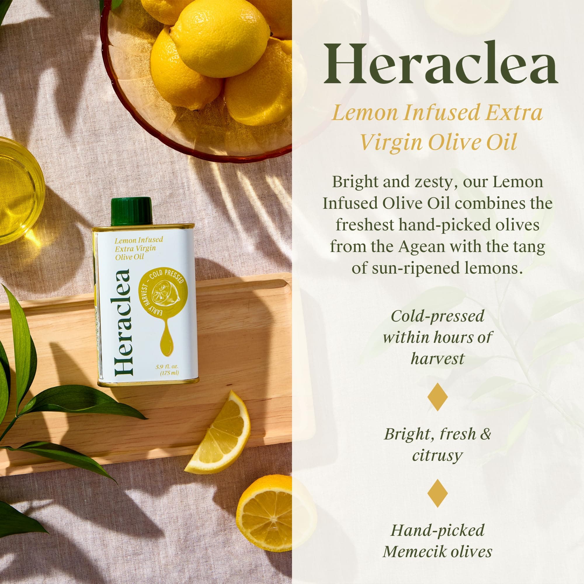 Heraclea - Lemon Infused - Extra Virgin Olive Oil - Extra Virgin - Cold Pressed - Polyphenol Rich EVOO - 5.9oz Bottle thumbnail 3
