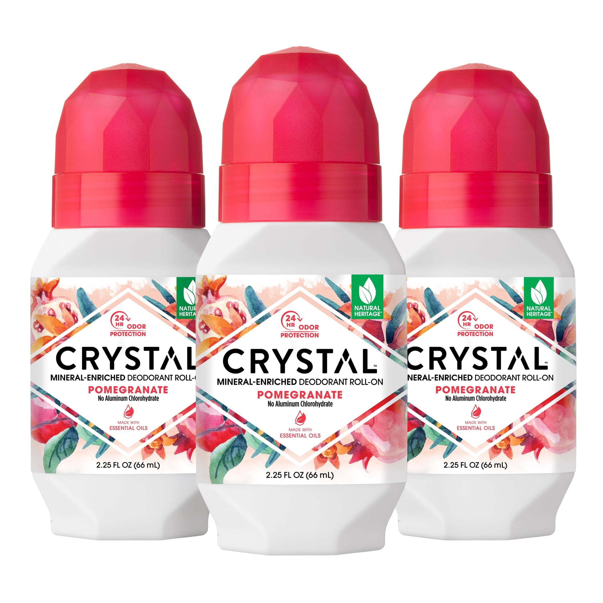 Crystal Mineral Deodorant Roll-On Body Deodorant With 24-Hour Odor Protection, Pomegranate, Non-Sticky Roll-On, Aluminium Chloride, 2.25 FL OZ - 3 pack