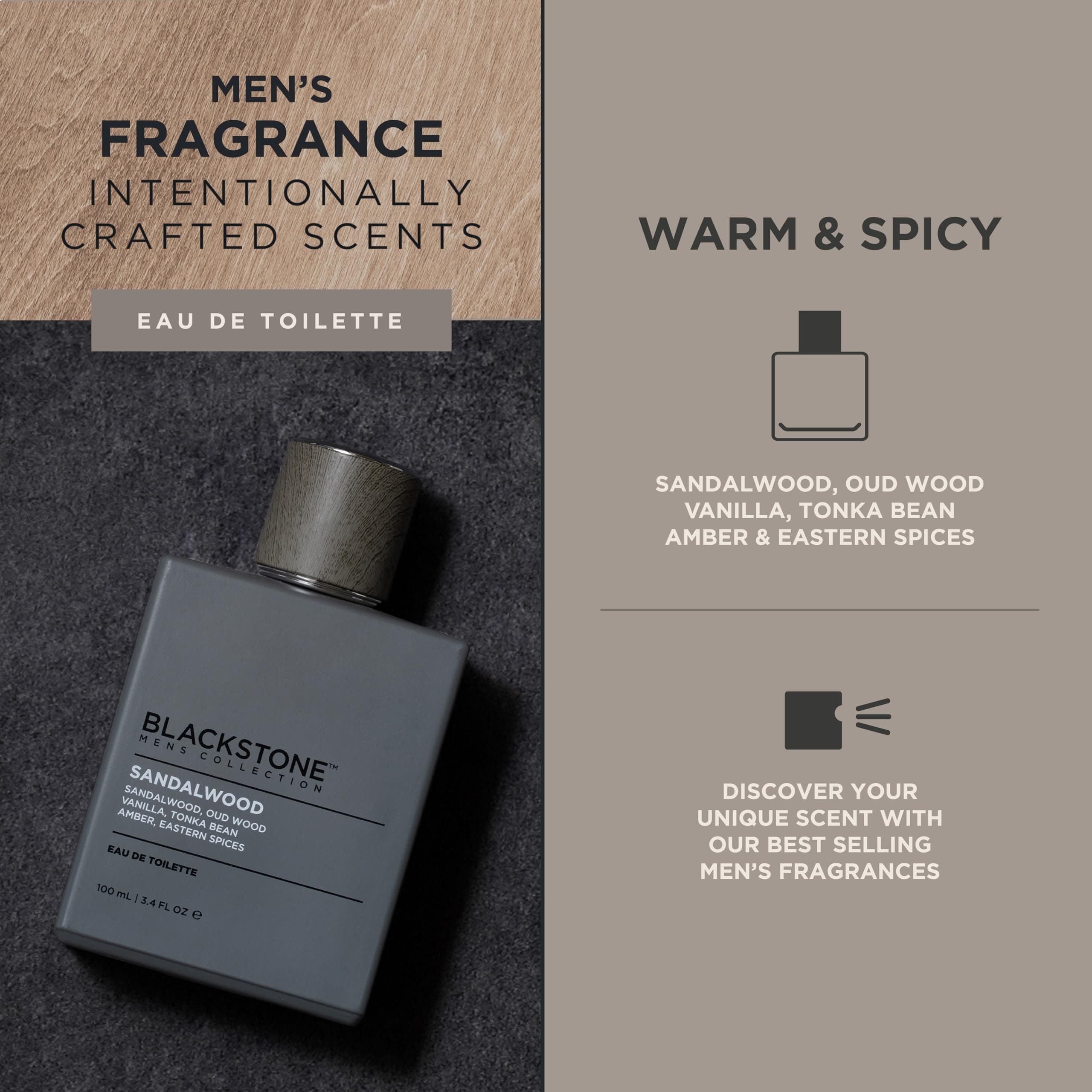 Blackstone Mens Collection Eau de Toilette – Sandalwood | Men's Fragrance, Long Lasting Cologne, with Sandalwood, Oud & Amber | Everyday Fragrance, Travel Size (3.4 Fl Oz) thumbnail 3