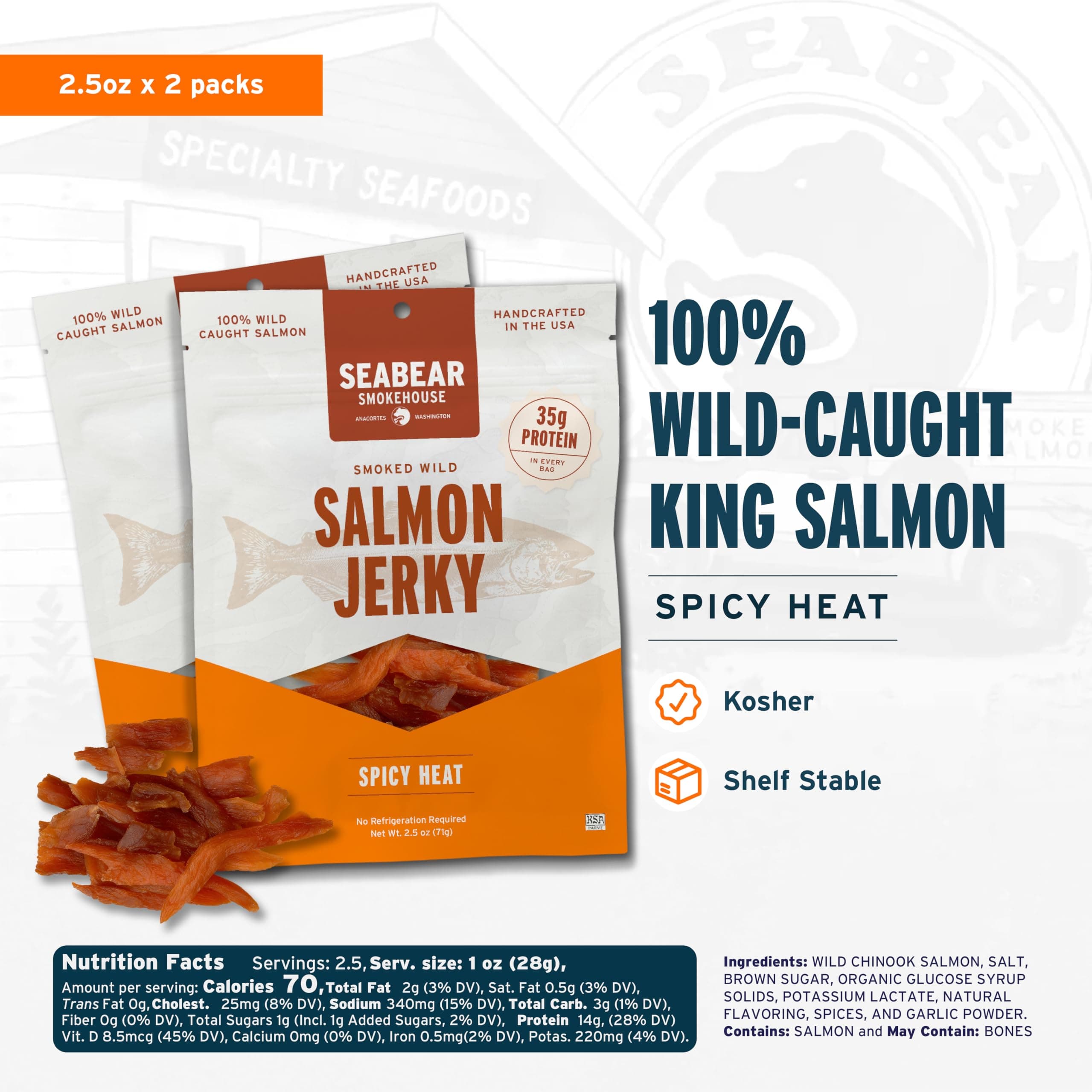 SeaBear Spicy Heat Wild King Salmon Jerky 2-Pack Smoked Salmon Jerky, Wild-Caught Alaskan Salmon, High-Protein Snack, Cold Smoked & Ready to Eat, Classic Smokehouse Flavor, 2.5 oz Bag (Pack of 2) thumbnail 2