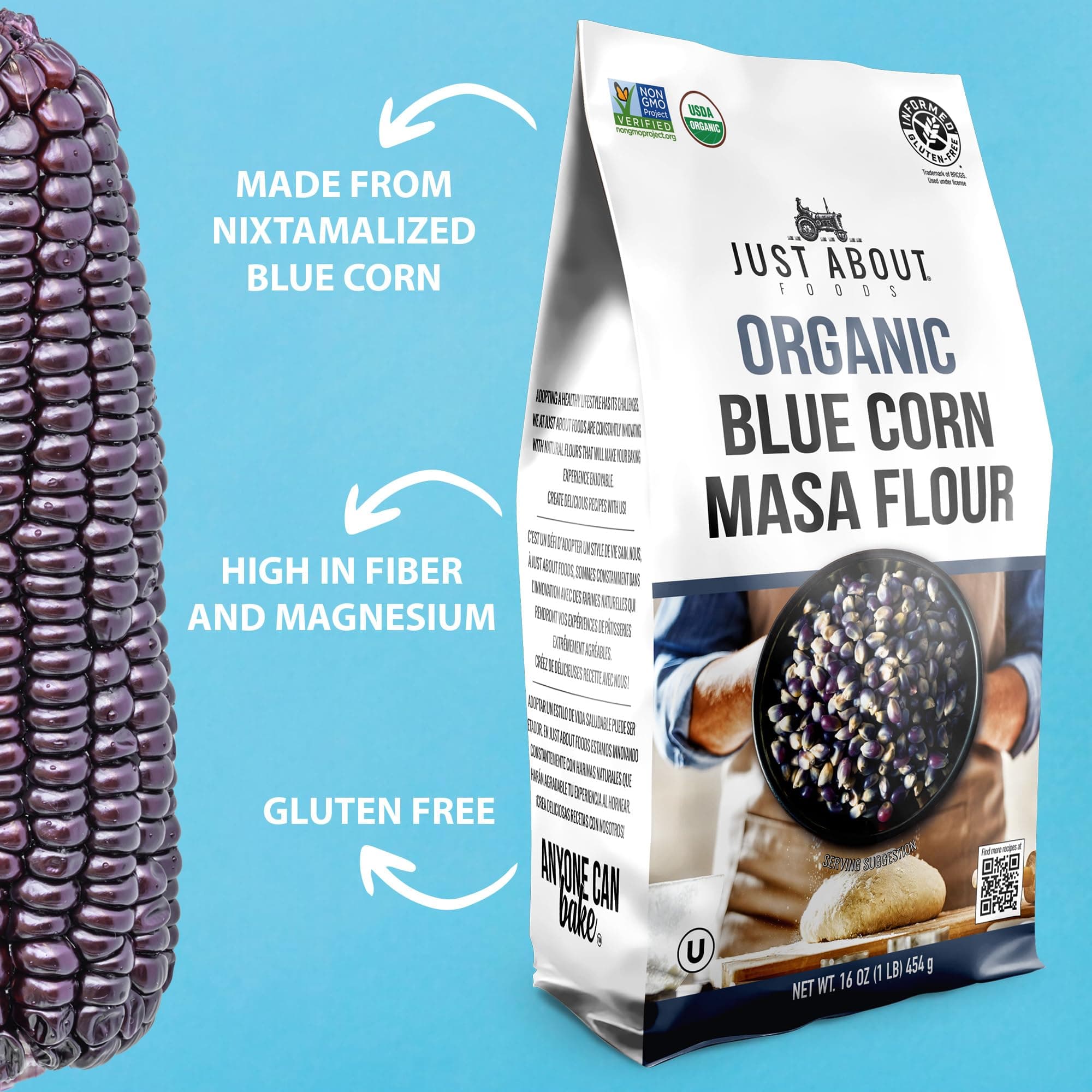 USDA Organic Blue Corn Flour 1lb, Flour for Tortillas, Sopes, and Mexican Dishes, Gluten-Free, Kosher and Vegan, Masa Flour for Baking, Just About Foods thumbnail 2
