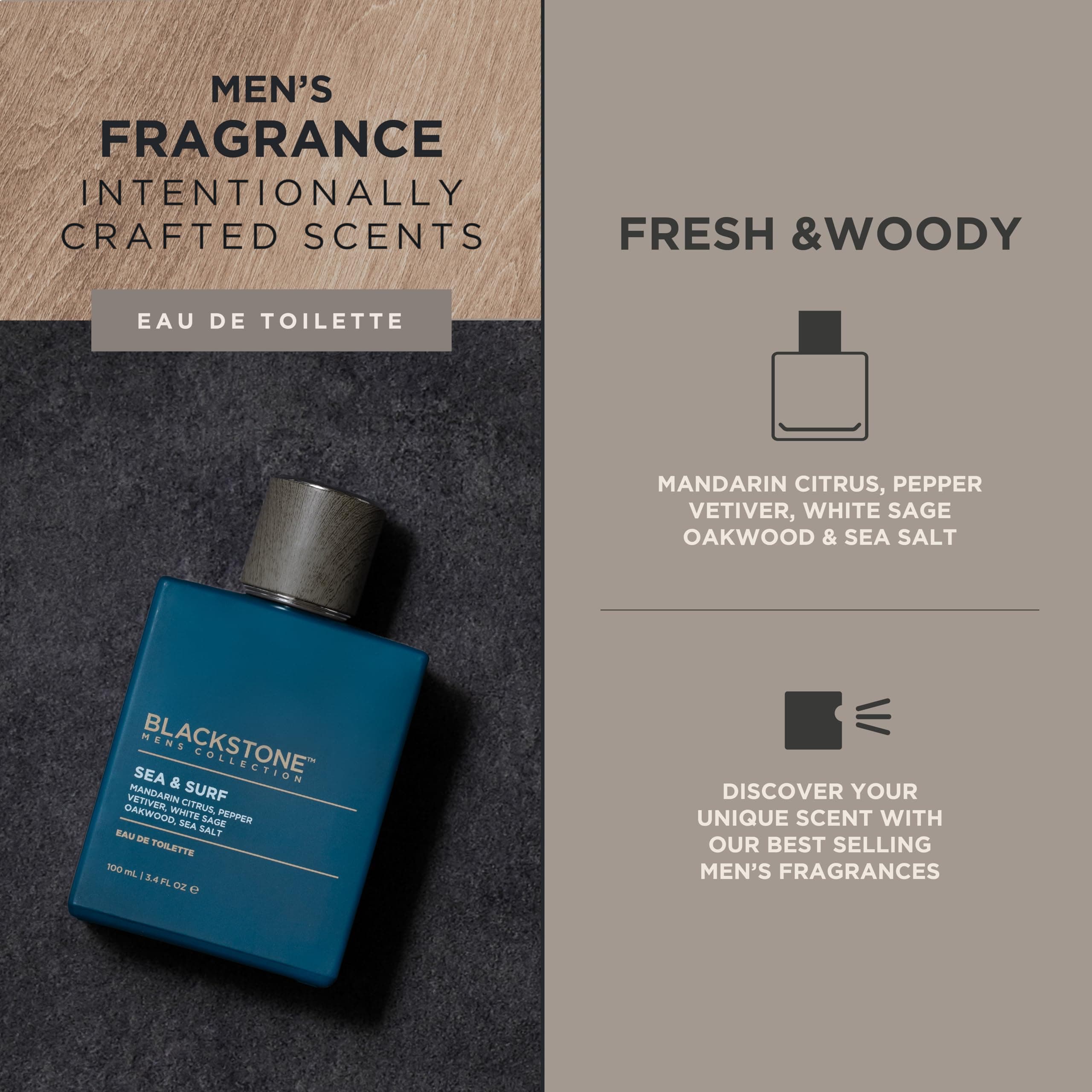 Blackstone Mens Collection Eau de Toilette – Sea & Surf | Men’s Fragrance, Fresh & Long-Lasting Cologne with Mandarin, Sea Salt, Oakwood & Sage | Everyday Fragrance, Travel Size (3.4 Fl Oz) thumbnail 3