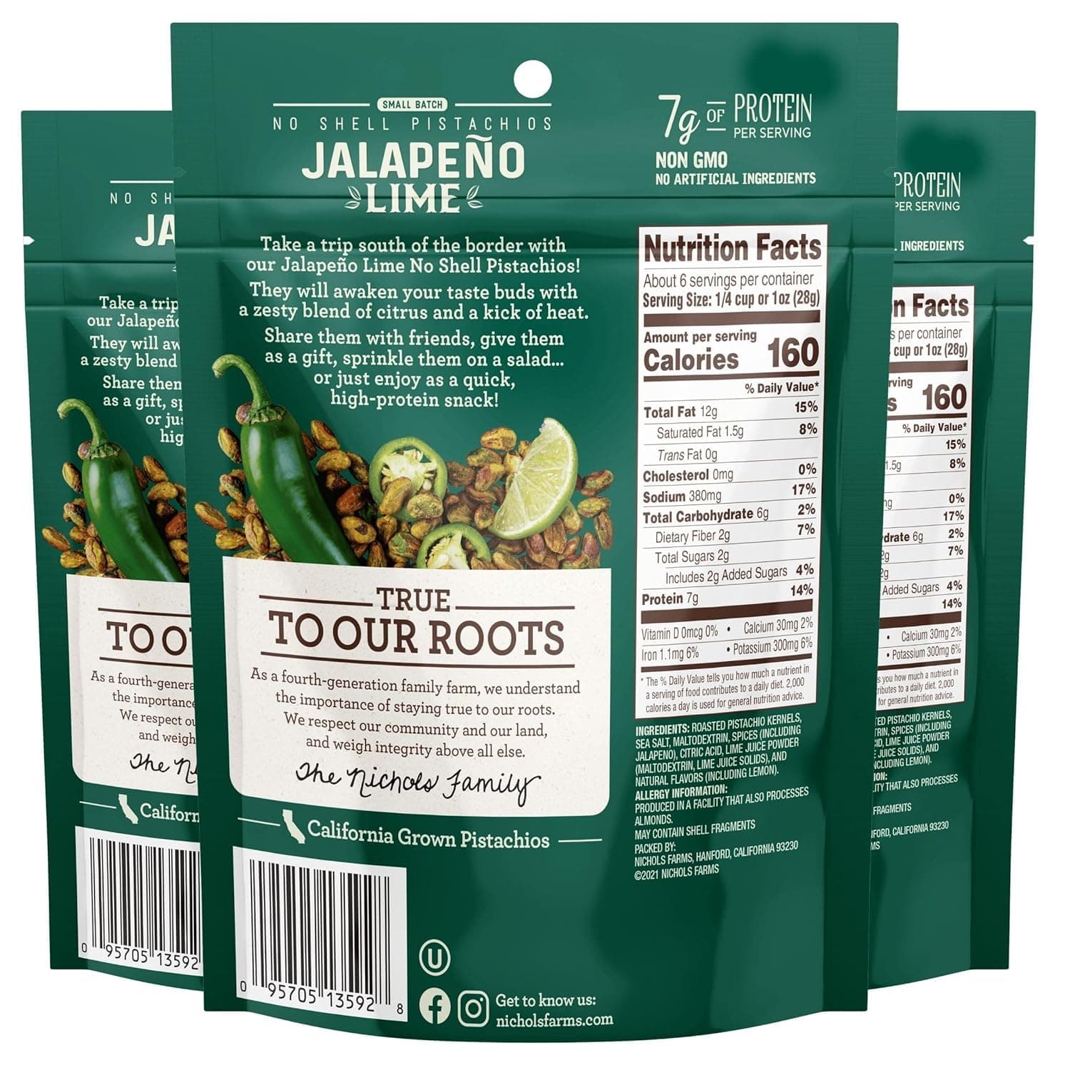 Nichols Farms Pistachios - Fresh Roasted No Shell Pistachio - Nutrient Rich Nuts Snack Packs - Non-GMO, California Grown - Healthy, Wonderful Tasting, Party Snack - (Jalapeño Lime) thumbnail 2