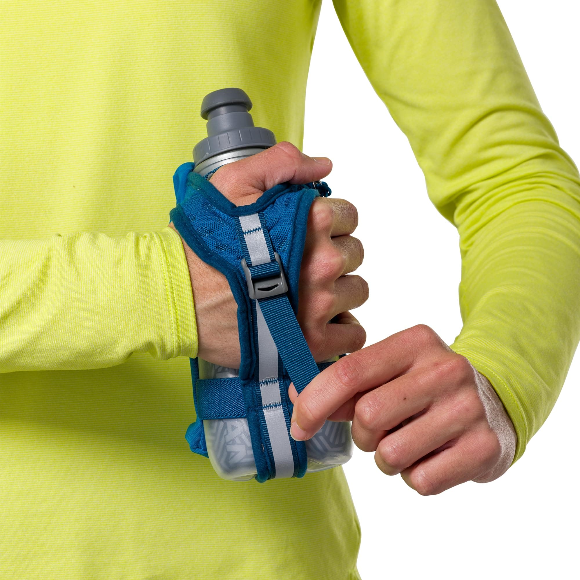 Nathan SpeedDraw 2 Insulated Handheld Running Water Bottle Flask – Double-Wall Insulation, Ergonomic Grip, Blast Valve Cap, Phone & Key Storage Pockets, Reflective Design, 12oz Insulated - Deep Blue thumbnail 9