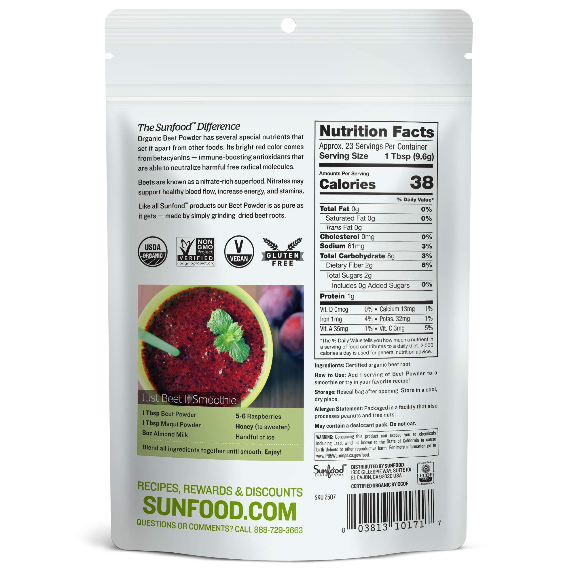 Sunfood Superfoods Organic Beet Root Powder - Beetroot for Juice & Smoothies, Natural Food Coloring for Baking, Certified USDA Organic, Non-GMO, Vegan, Gluten Free, Earth Kosher - 8 oz Bag thumbnail 2