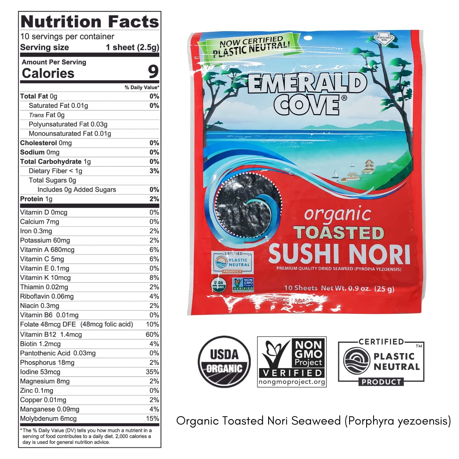 Emerald Cove Organic Toasted Nori, Dried Seaweed Sheets for Sushi, Kimbap, Onigiri, Musubi, Product of Korea, Resealable Bag, 10 Sheets (1 pack) thumbnail 6