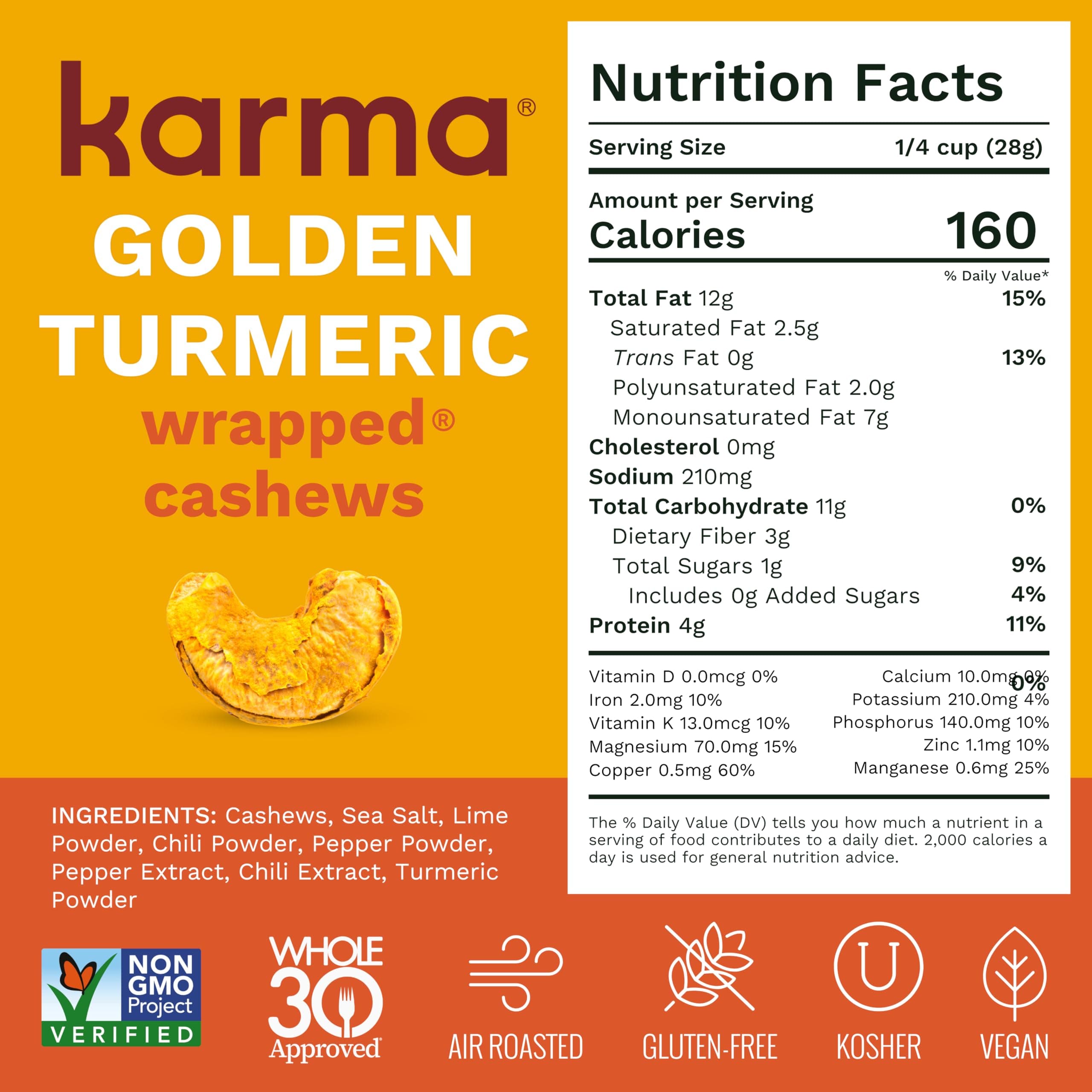 Golden Turmeric Wrapped Whole Cashews by Karma Nuts, Air Roasted with Natural Skins, 2X more Fiber, Whole 30, Peanut-Free Facility, Kosher, Everyday Nut Snack, 7oz Resealable Bag thumbnail 7