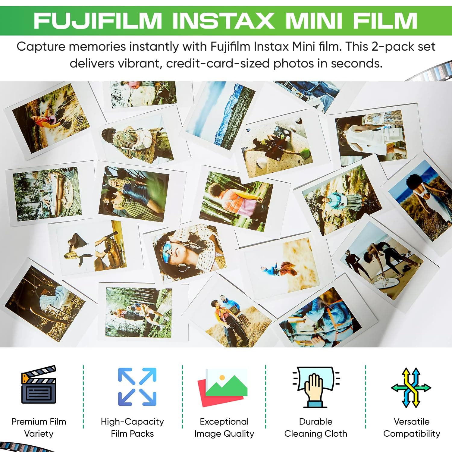 Fujifilm Instax Mini Film Two Instant Film Twin Packs - 40 EXP Total, ISO 800, Compatible to Mini Evo, Mini 40, 12, 11, 9, Bundeld with Premium Balveli Microfiber Cloth thumbnail 2