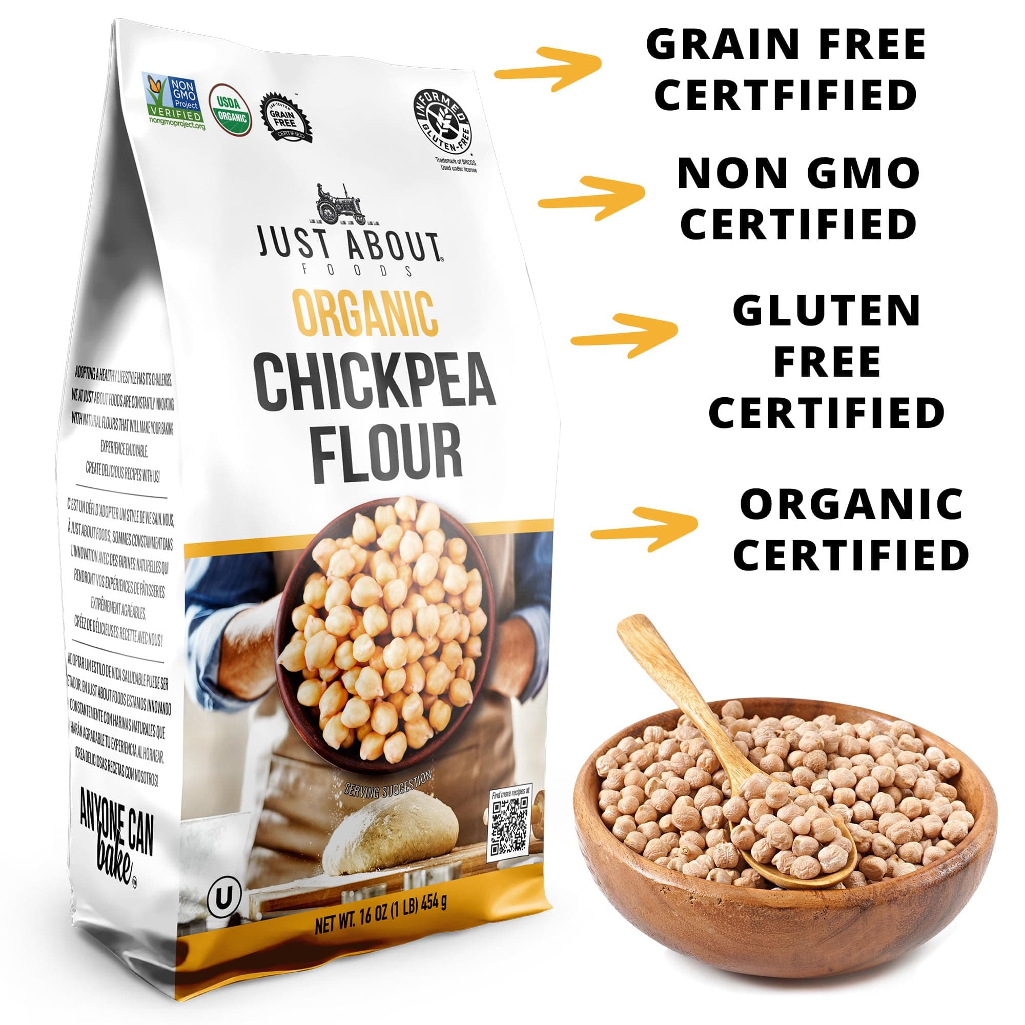 Organic Chickpea Flour 1lb (454 g) USDA Organic Gluten Free Grain free Non GMO Kosher Pack of 1 | Just About Foods thumbnail 2