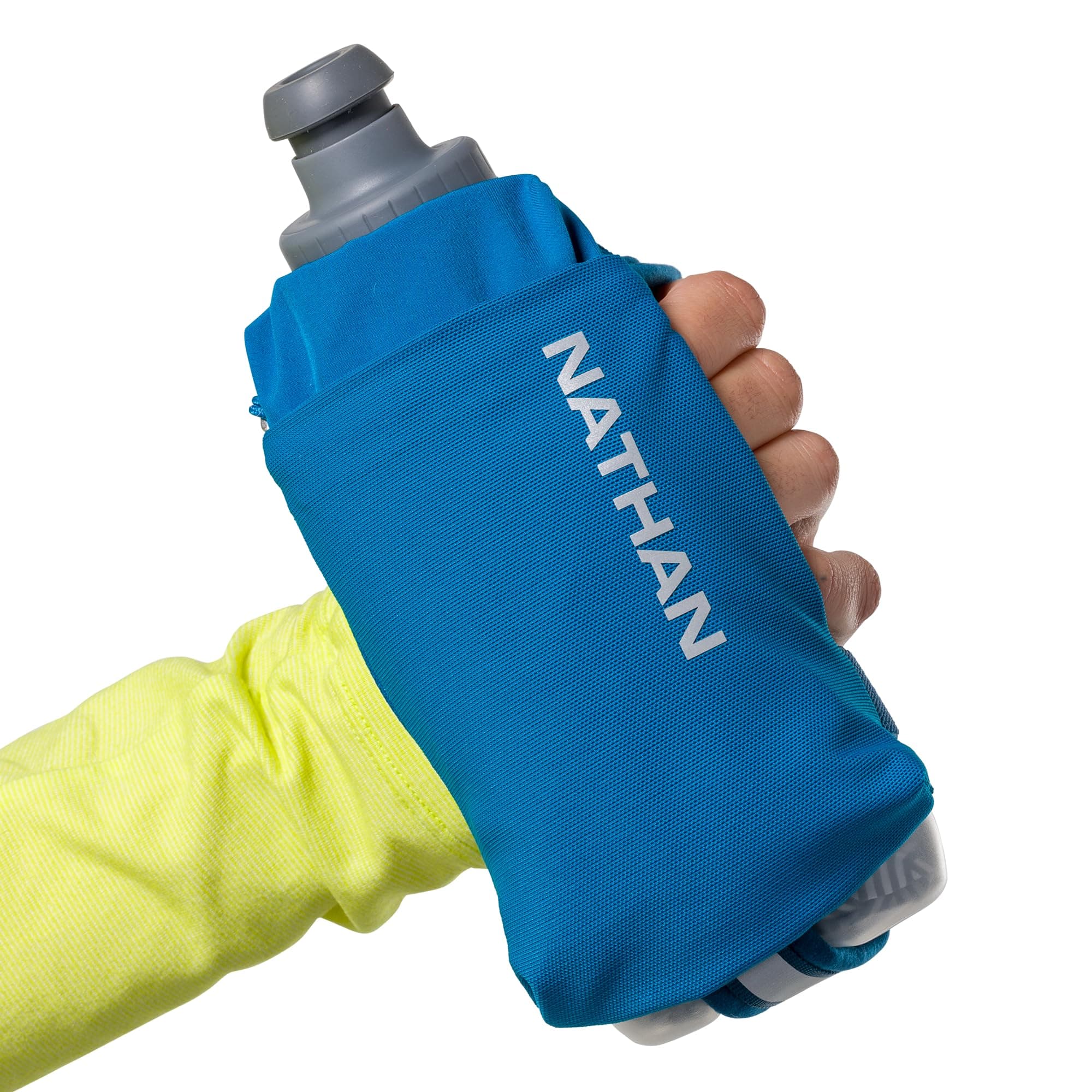 Nathan SpeedDraw 2 Insulated Handheld Running Water Bottle Flask – Double-Wall Insulation, Ergonomic Grip, Blast Valve Cap, Phone & Key Storage Pockets, Reflective Design, 12oz Insulated - Deep Blue thumbnail 5